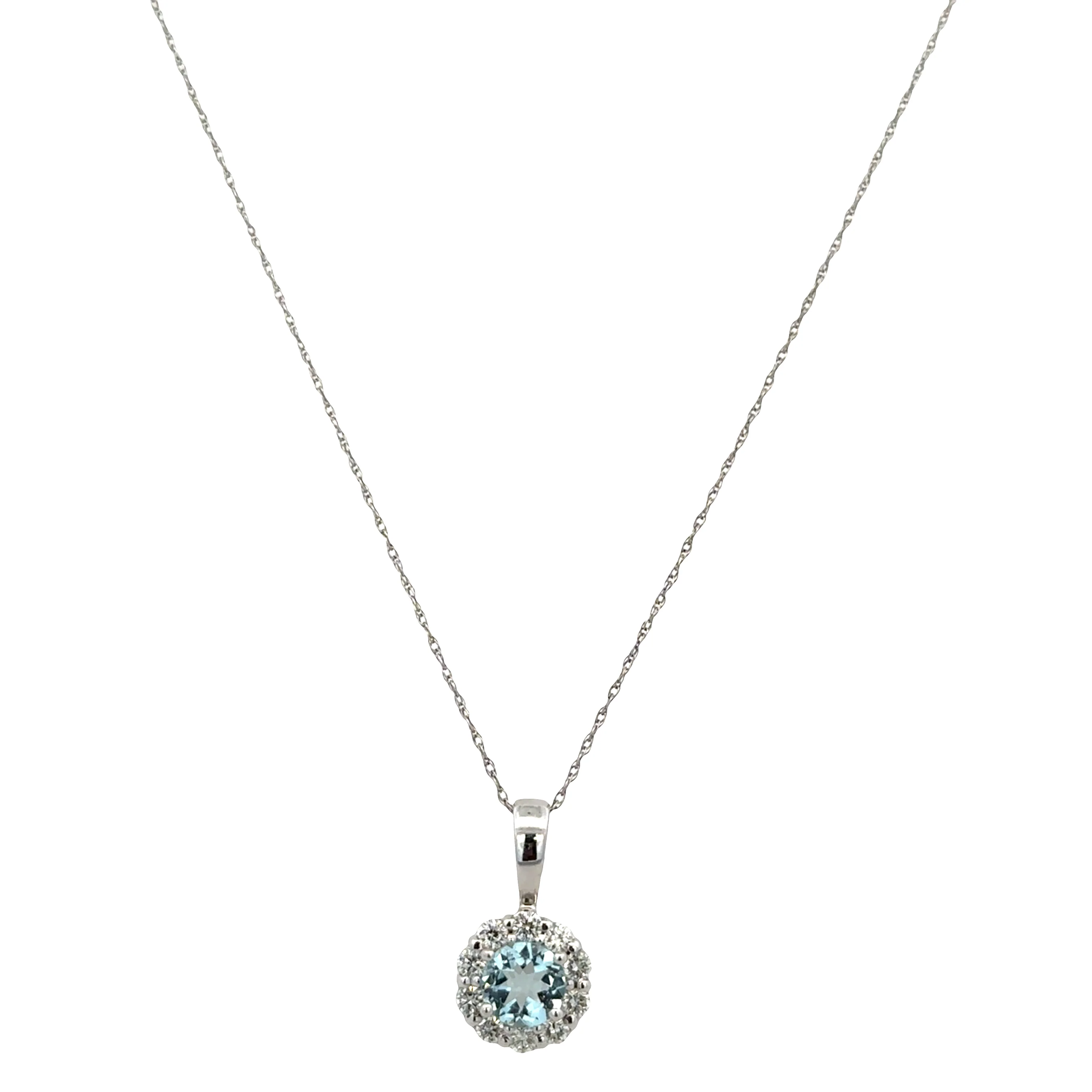 14k White Gold Aquamarine & Diamond Halo Pendant Necklace – 18"