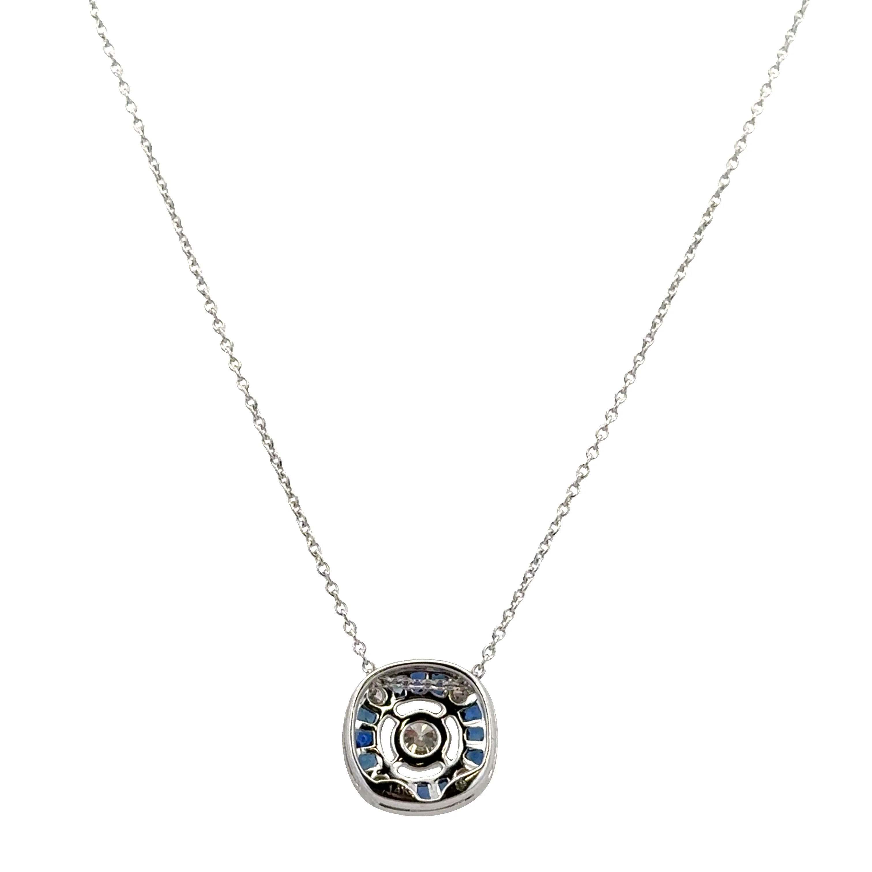 14k White Gold Art Deco-Inspired Sapphire & Diamond Pendant Necklace – Adjustable 18" - Image 2