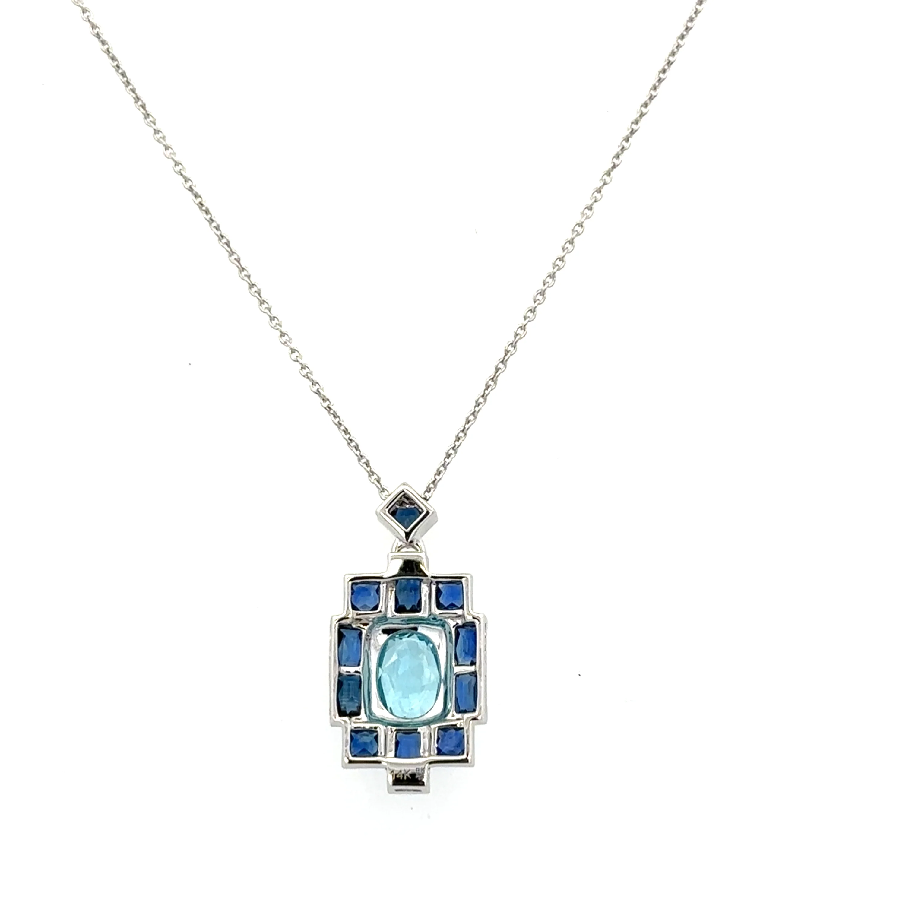 14k White Gold Blue Topaz & Sapphire Art Deco-Inspired Pendant Necklace – Adjustable 18" - Image 3