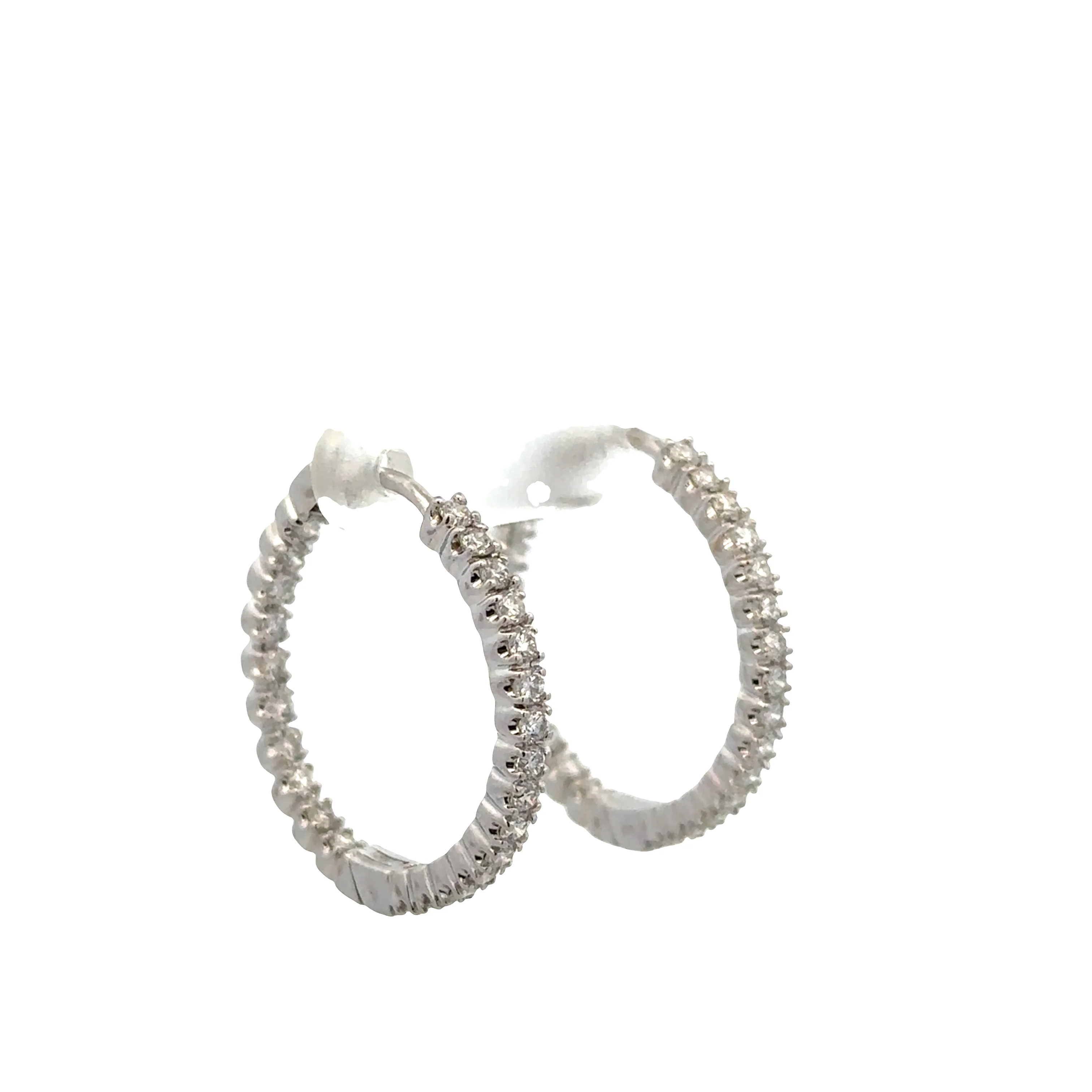 14k White Gold Diamond Hoop Earrings – 7/8" Tall - Image 3