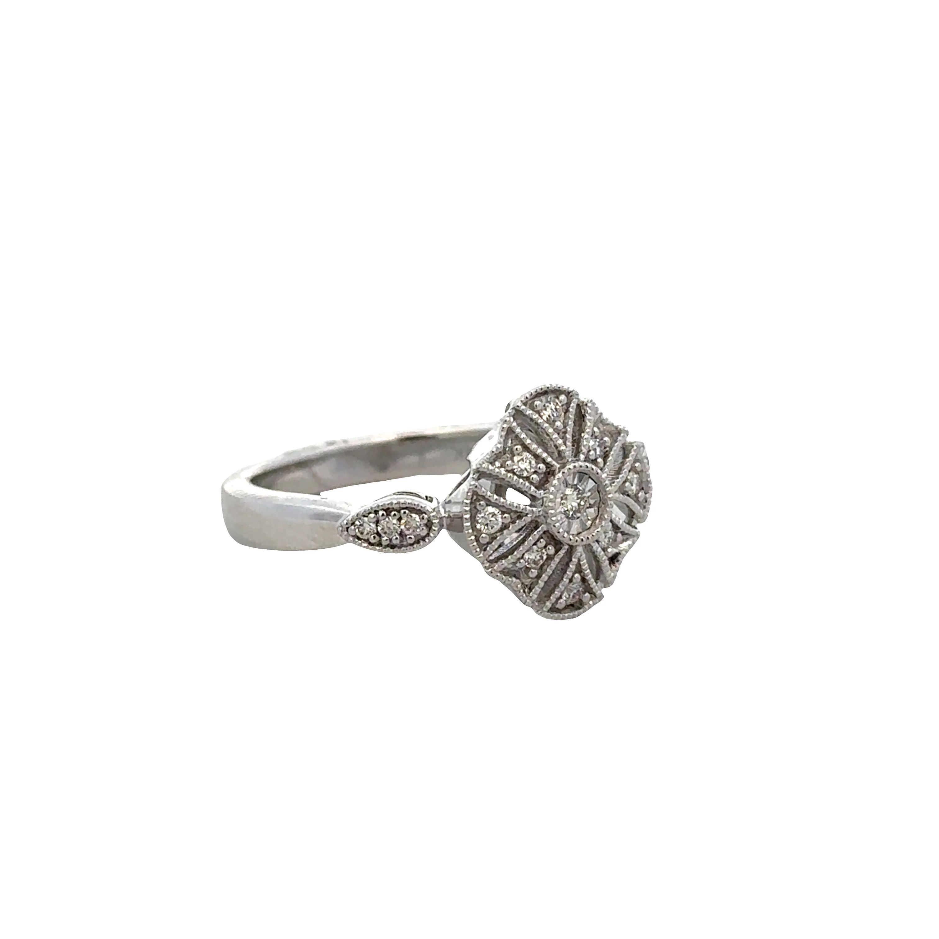 14k White Gold Diamond Openwork Floral Ring – Size 7 - Image 2