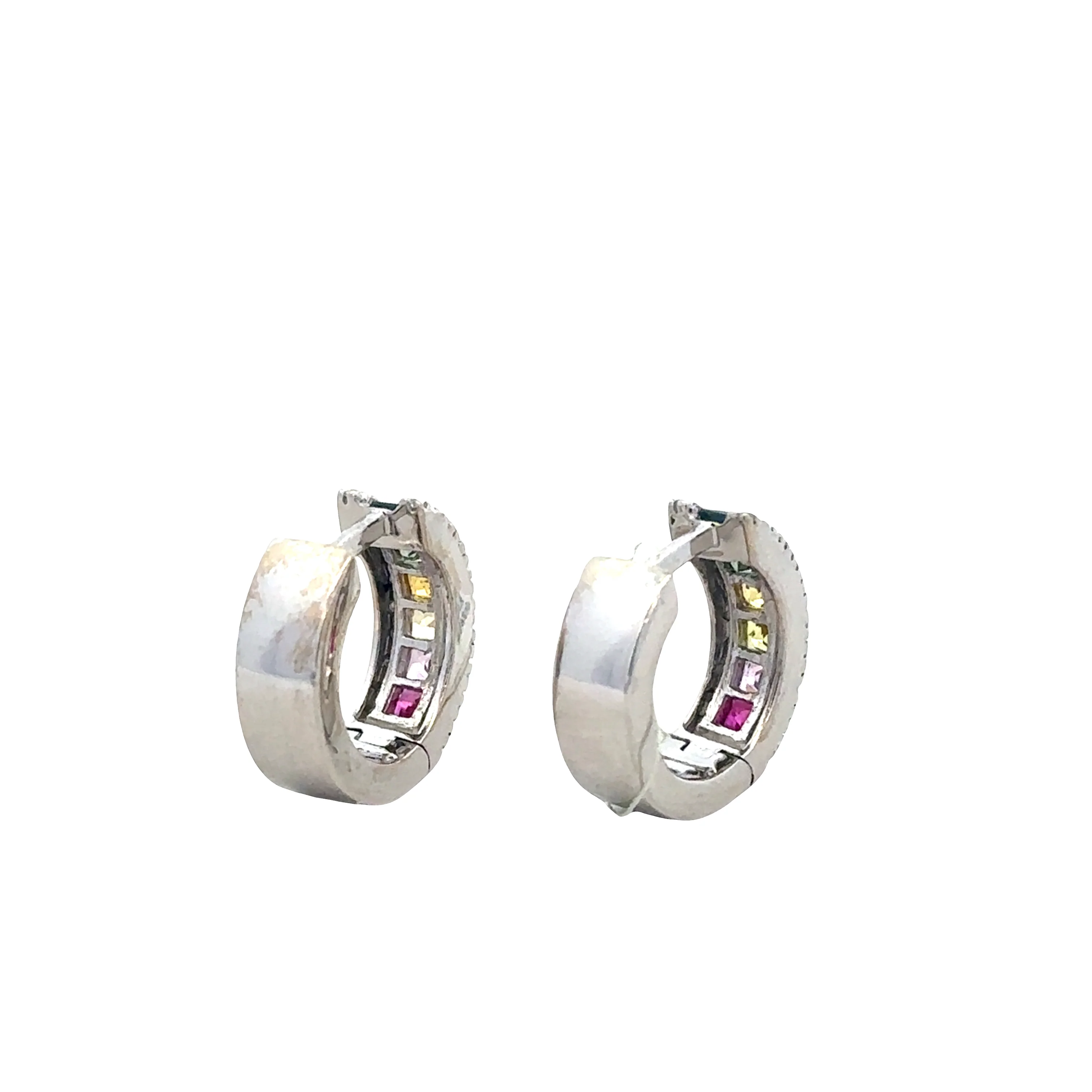 14k White Gold Multicolored Sapphire & Diamond Hoop Earrings - Image 3