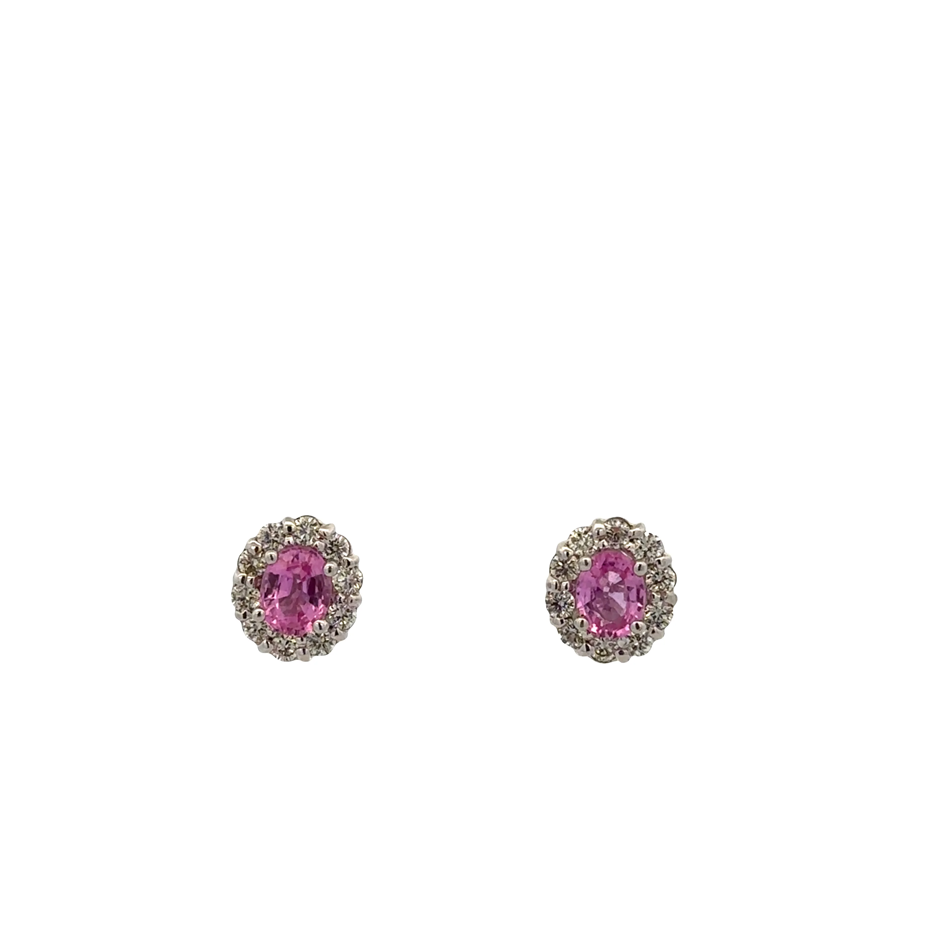 14k White Gold Pink Sapphire & Diamond Halo Stud Earrings – 8x7mm