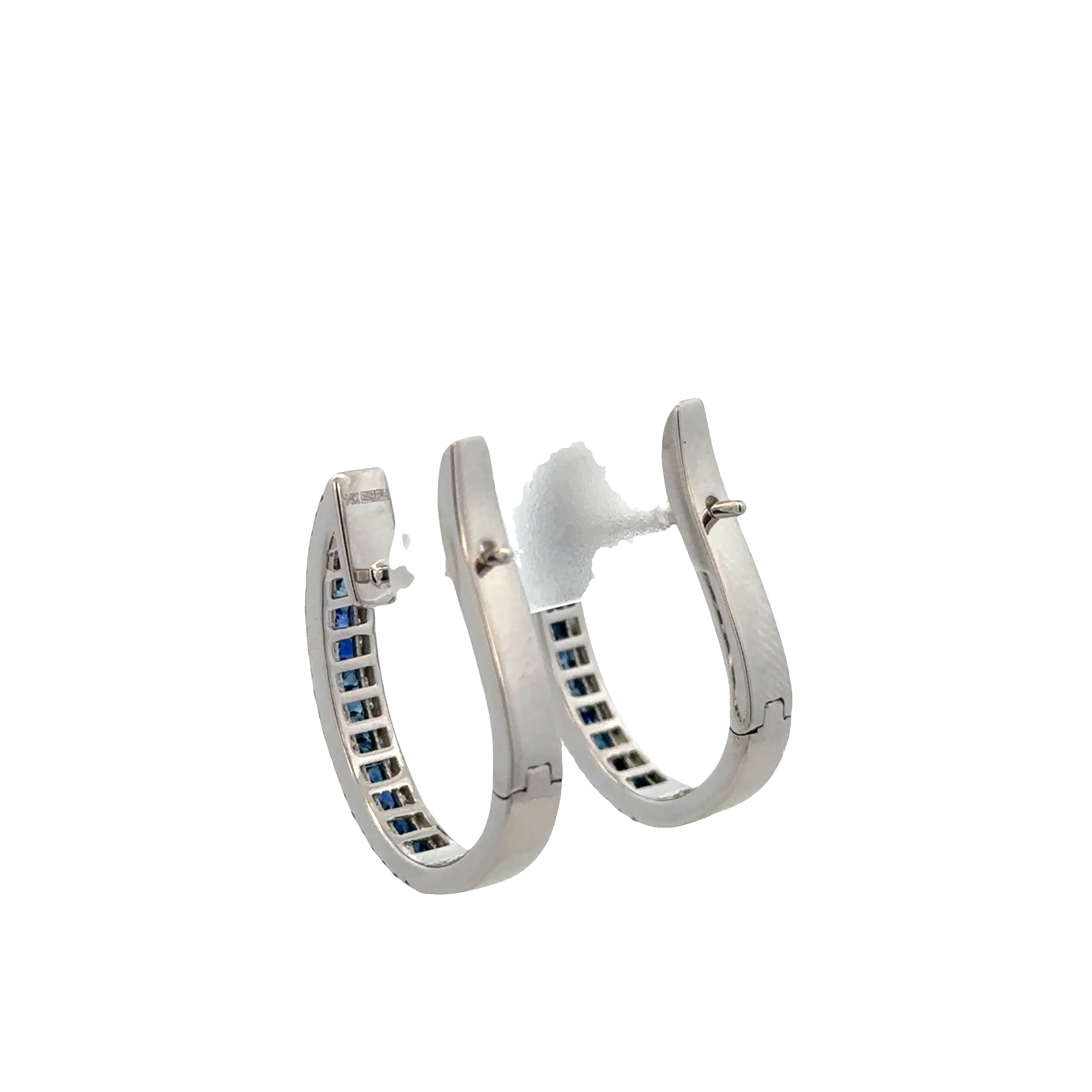14k White Gold Sapphire & Diamond Elongated Huggie Earrings – 15/16" Tall - Image 3