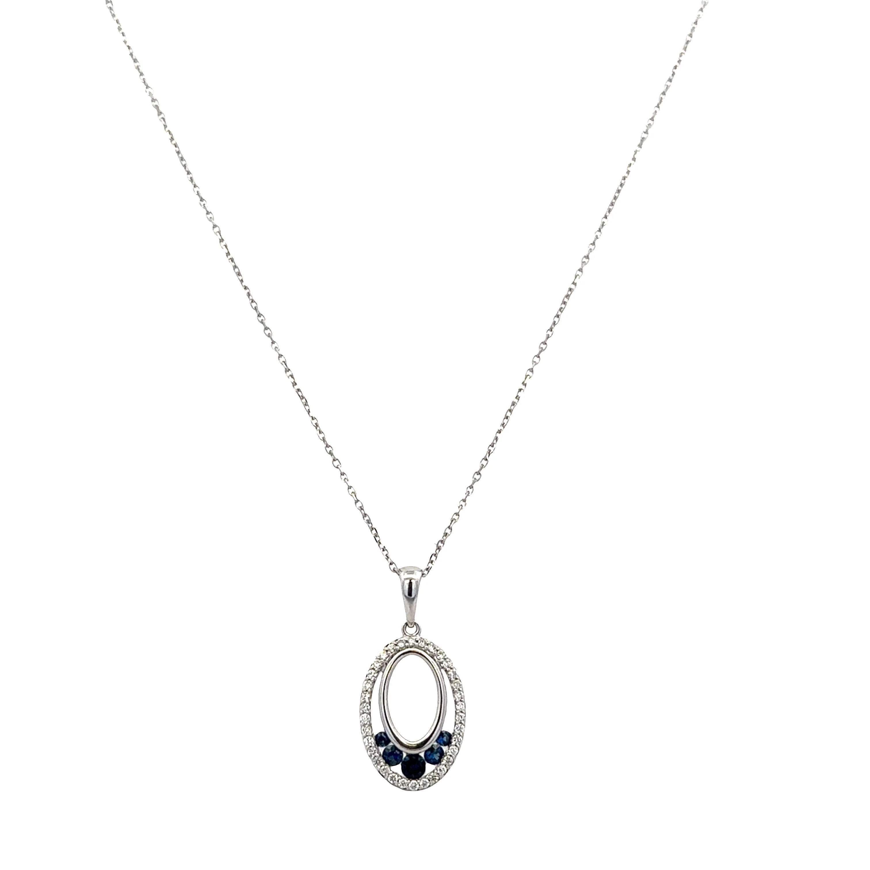 14k White Gold Sapphire & Diamond Open Oval Pendant Necklace