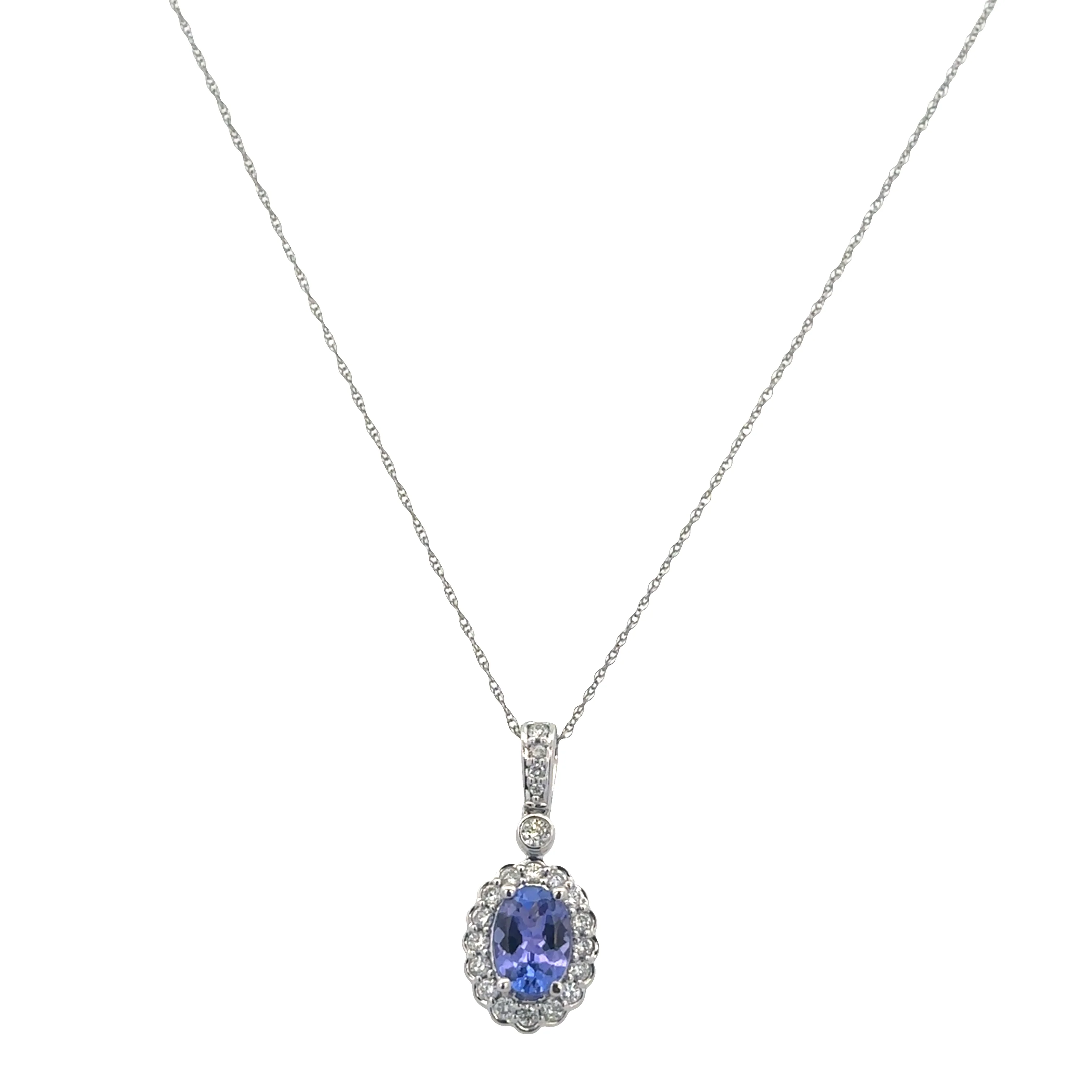 14k White Gold Tanzanite & Diamond Halo Pendant Necklace – 18"