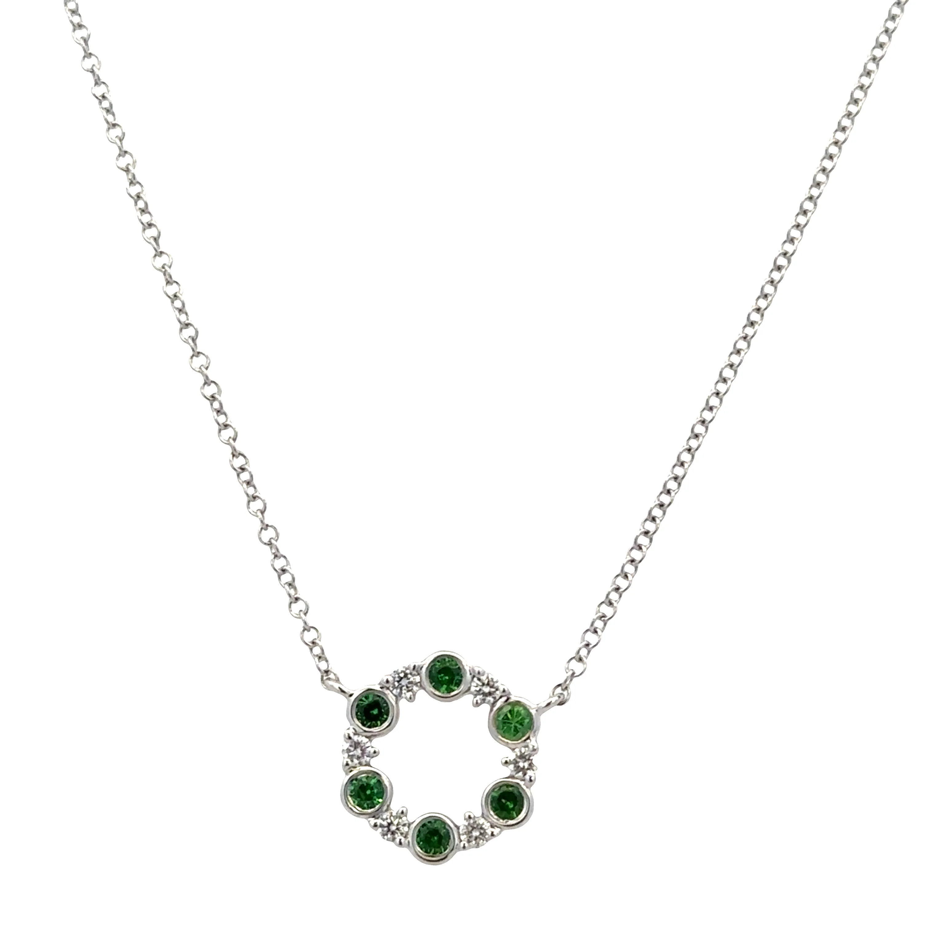 14k White Gold Tsavorite Garnet & Diamond Circle Necklace – 18" - Image 2