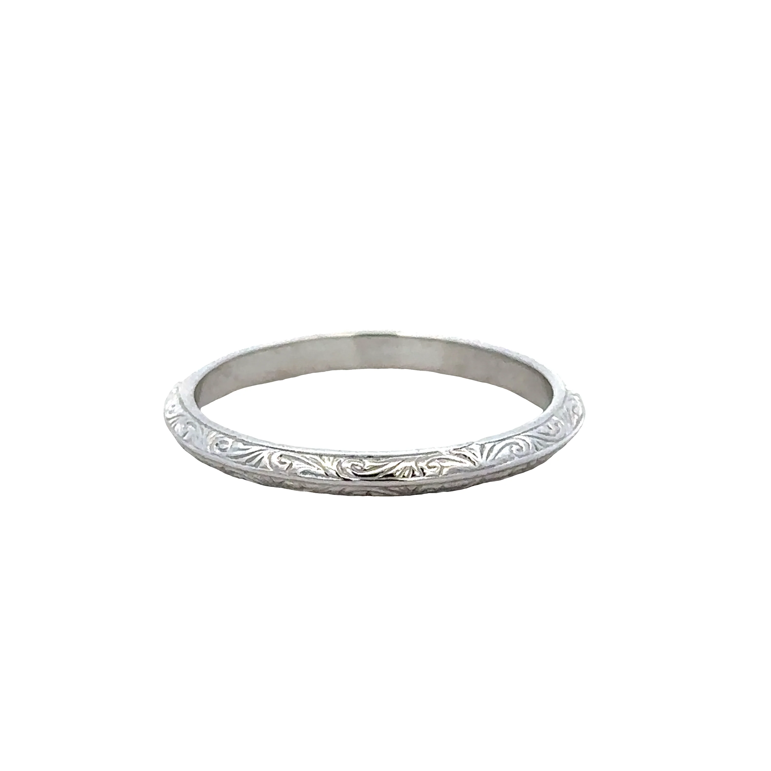14k White Gold Vintage-Inspired Engraved Band – Size 6.5