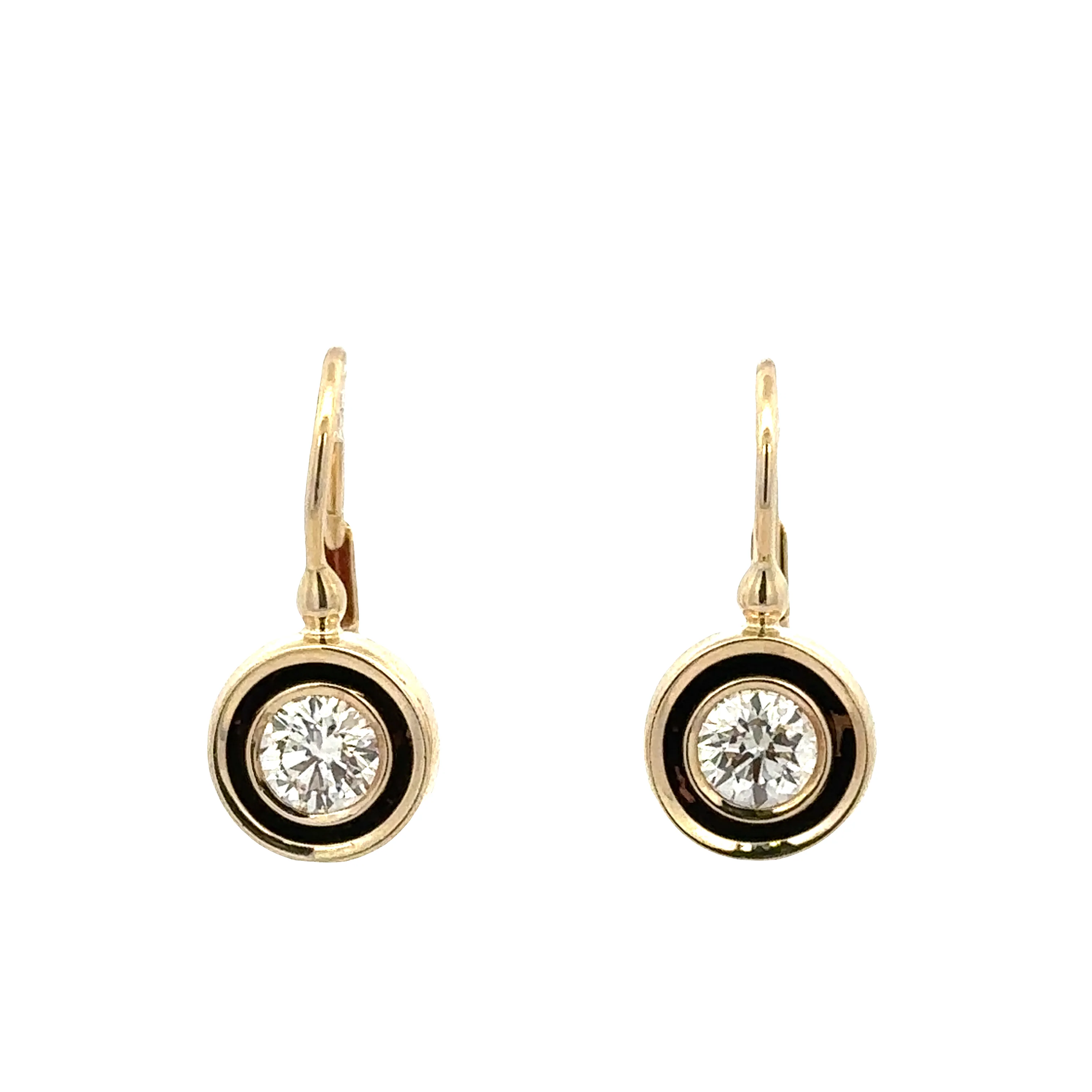 14k Yellow Gold Diamond & Black Enamel Drop Earrings