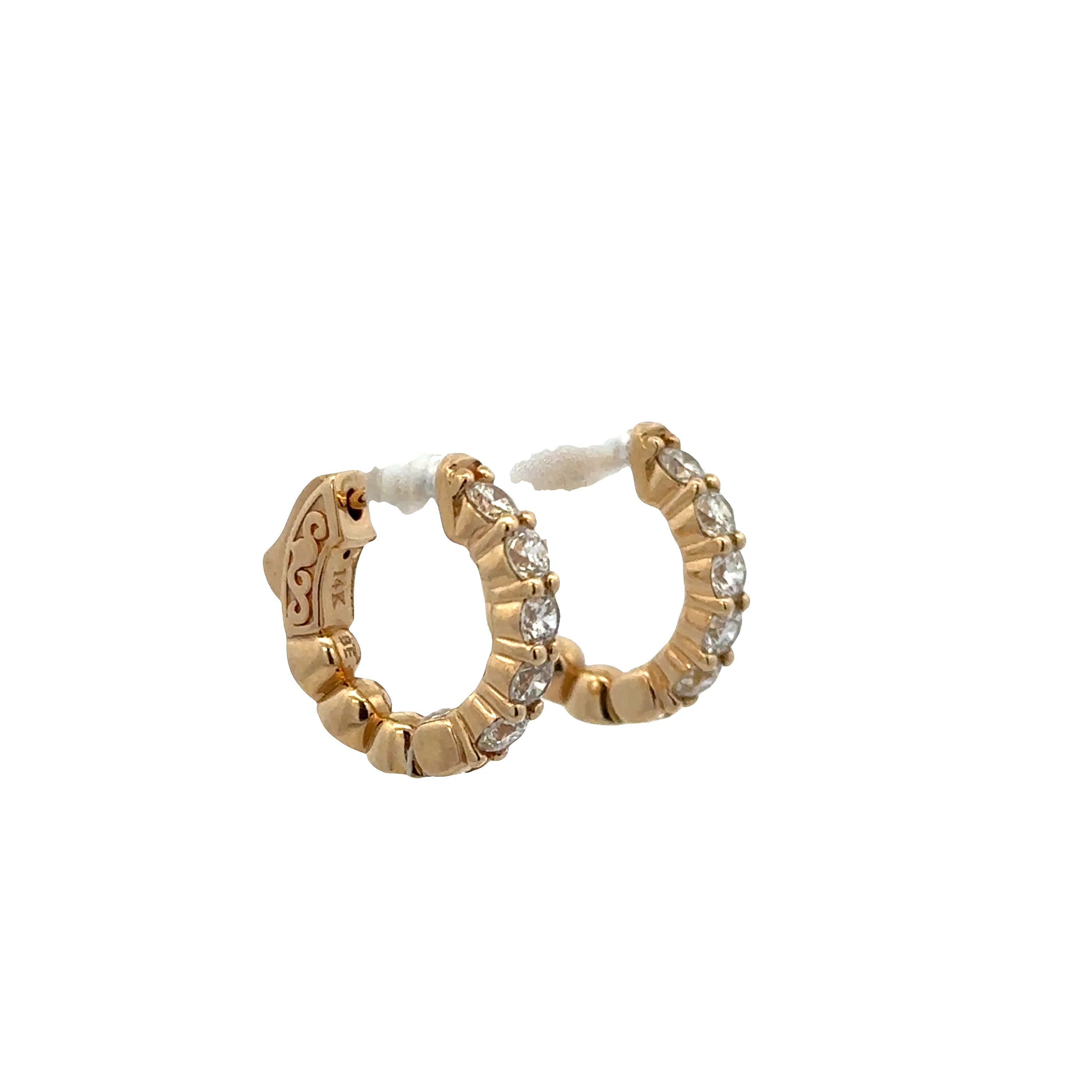 14k Yellow Gold Diamond Hoop Earrings – 5/8" Tall - Image 2