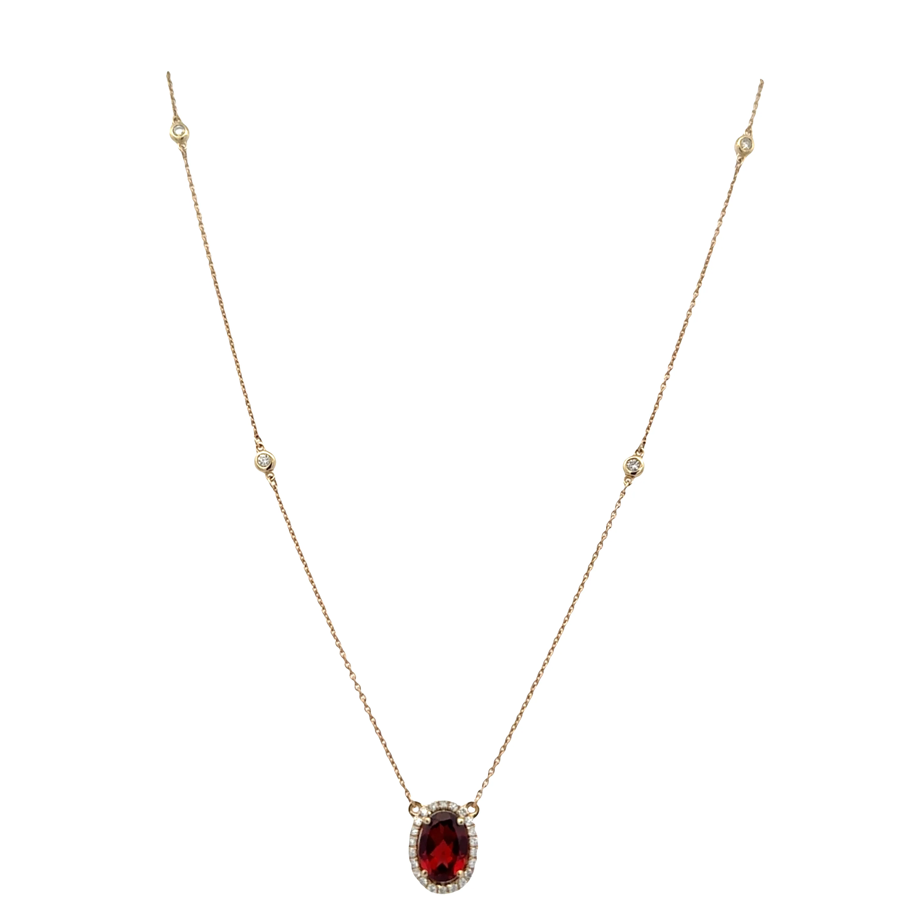 14k Yellow Gold Garnet & Diamond Halo Necklace – 16" - Image 2