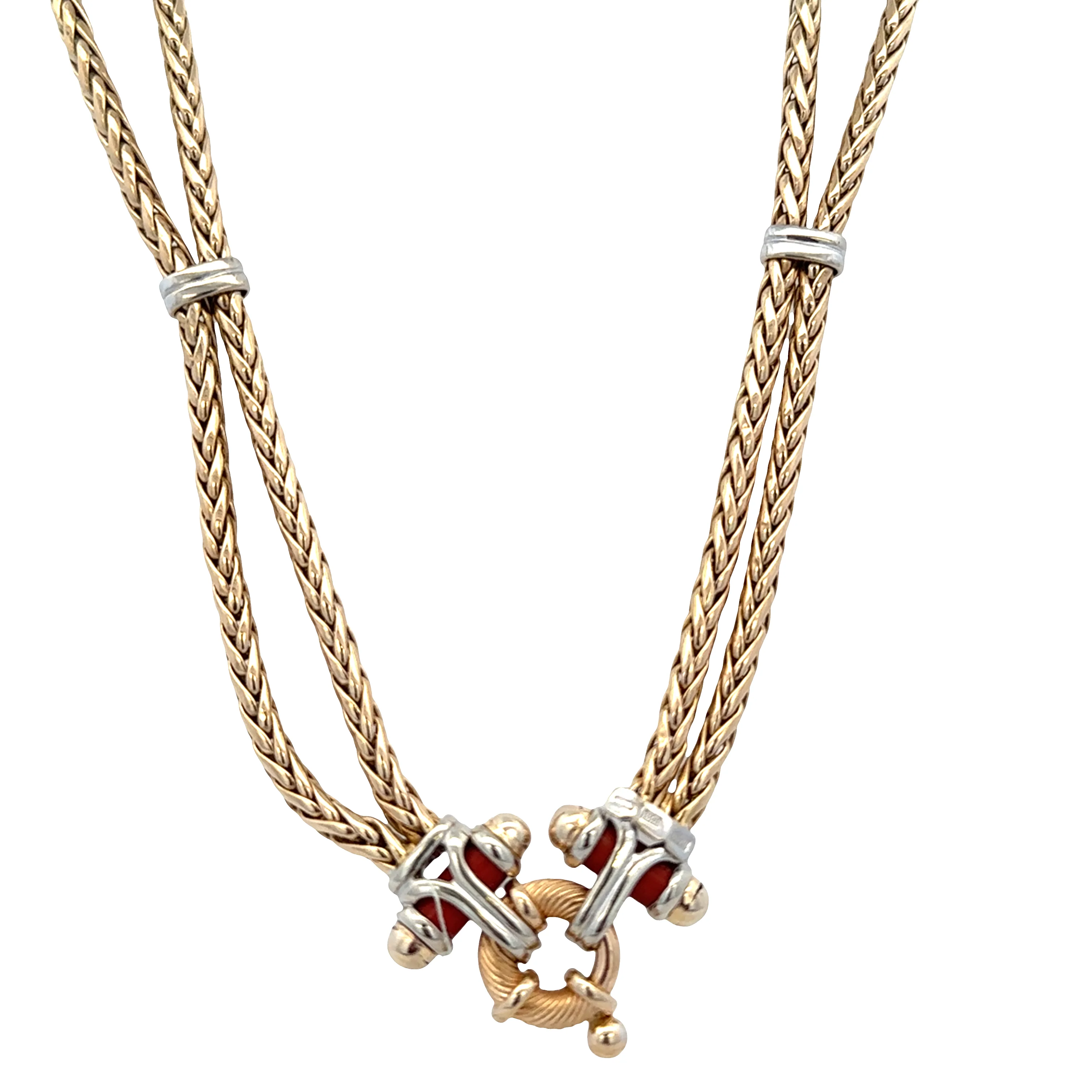 14k Yellow Gold Lapis & Coral Double Strand Foxtail Statement Necklace – 17" - Image 3