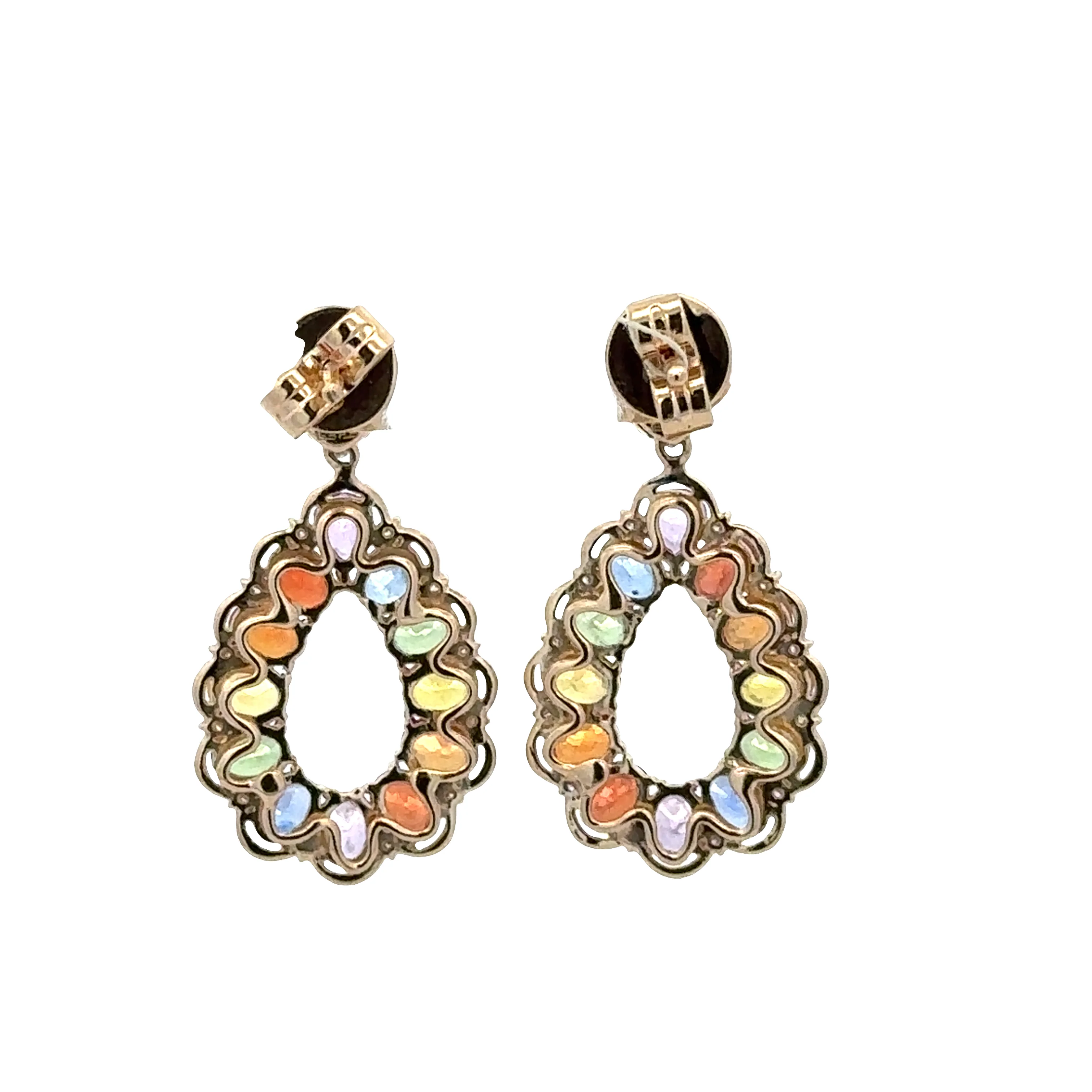 14k Yellow Gold Multi-Colored Sapphire & Diamond Teardrop Earrings – 1" - Image 2