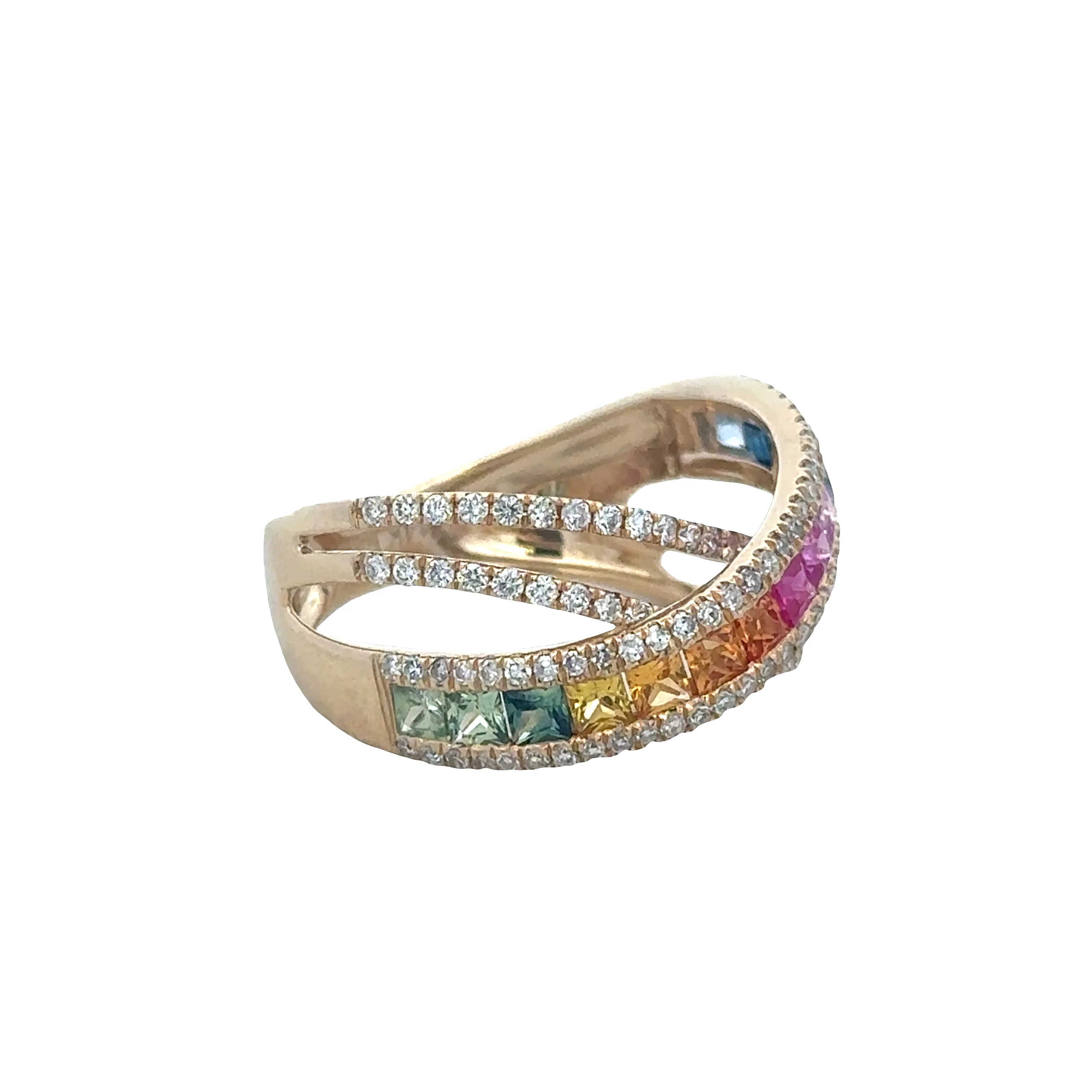 14k Yellow Gold Multicolor Sapphire & Diamond Crisscross Ring – Size 7 - Image 2