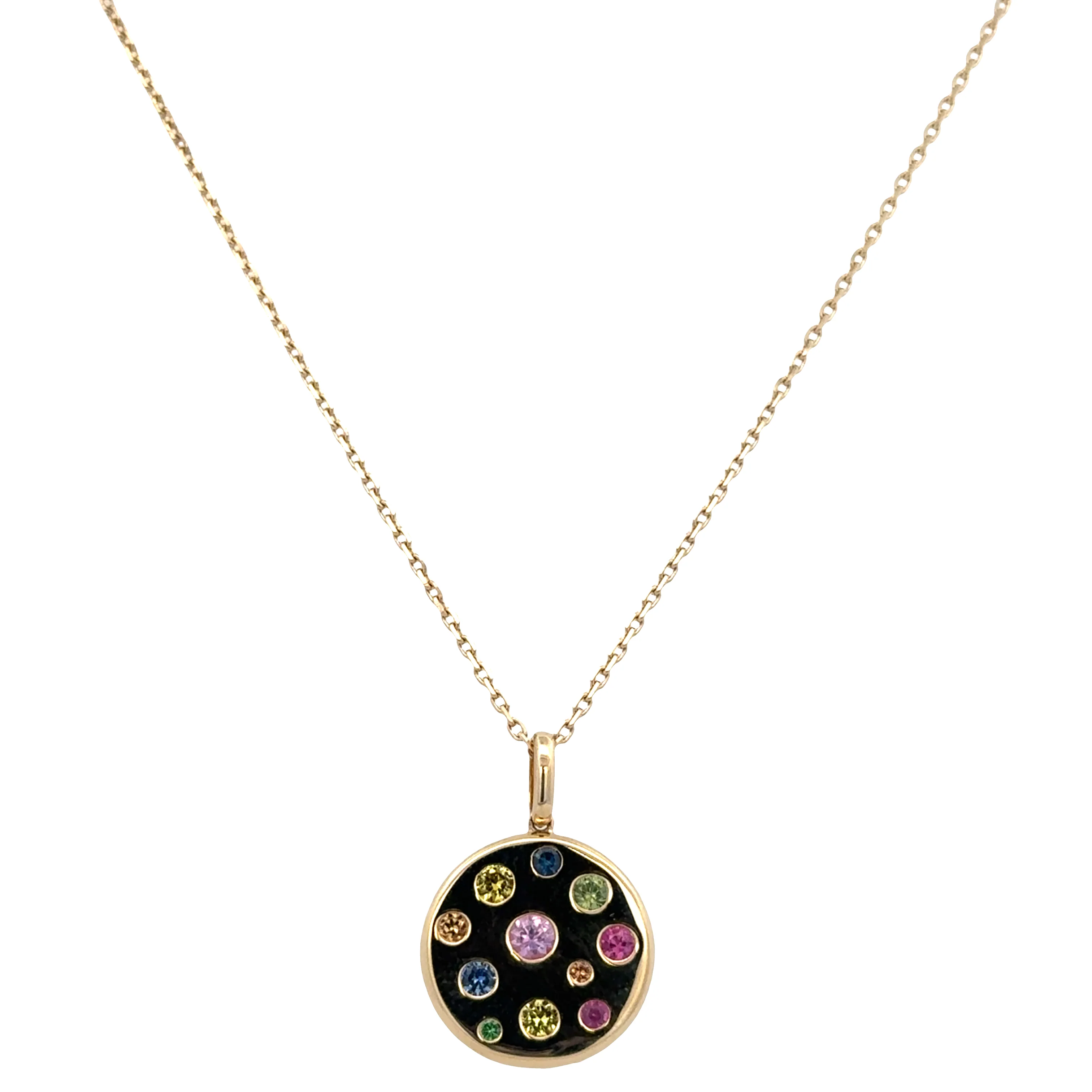 14k Yellow Gold Multicolor Sapphire Disc Pendant Necklace – Adjustable 18"