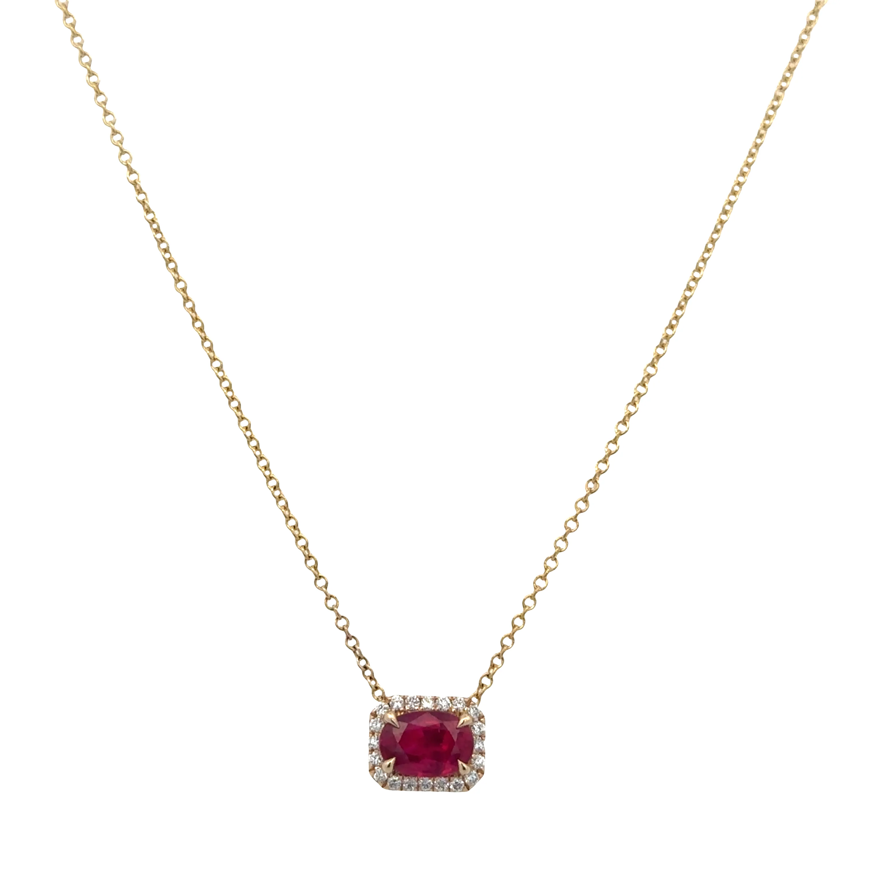 14k Yellow Gold Ruby & Diamond Cushion Halo Slide Pendant Necklace – Adjustable 18"