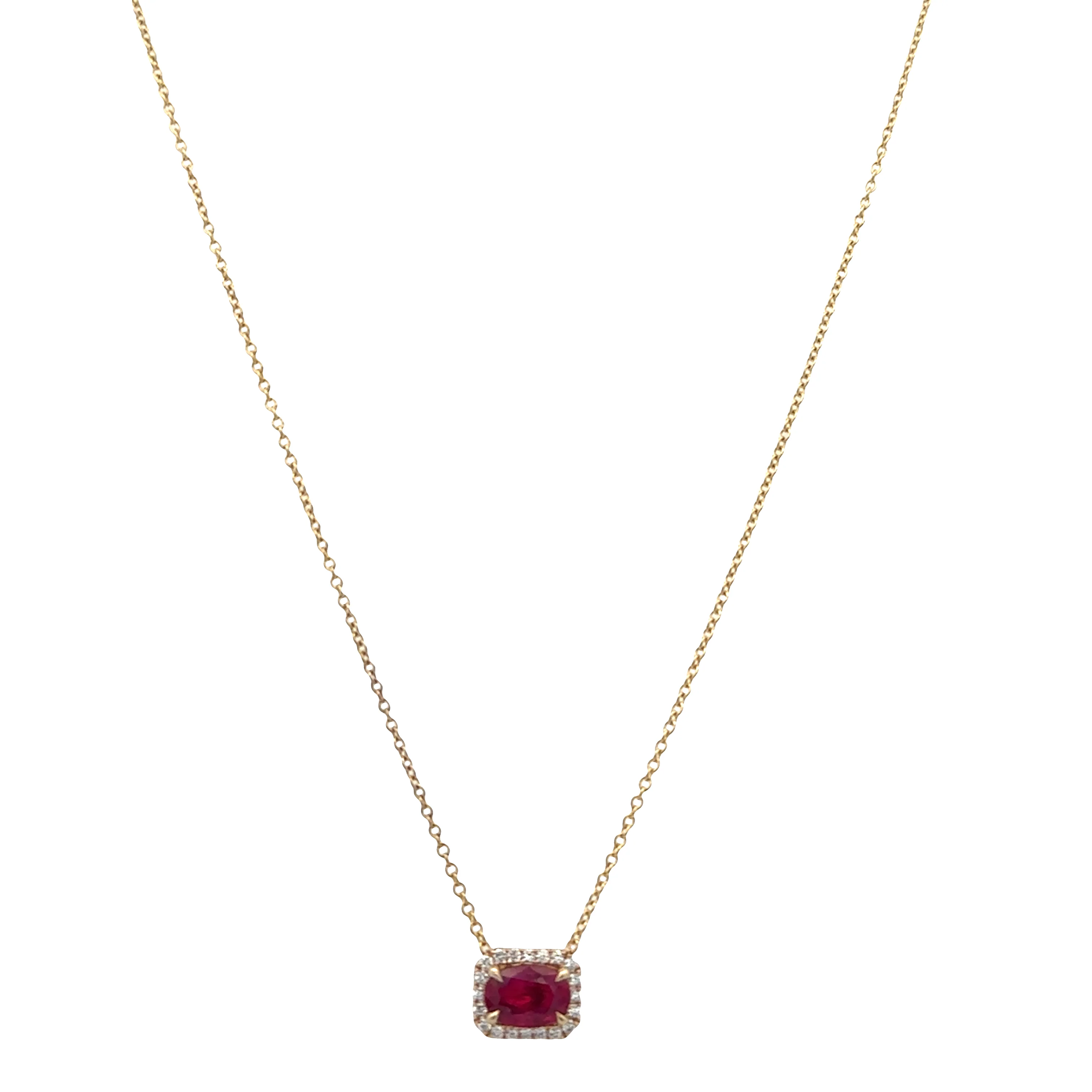 14k Yellow Gold Ruby & Diamond Cushion Halo Slide Pendant Necklace – Adjustable 18" - Image 2