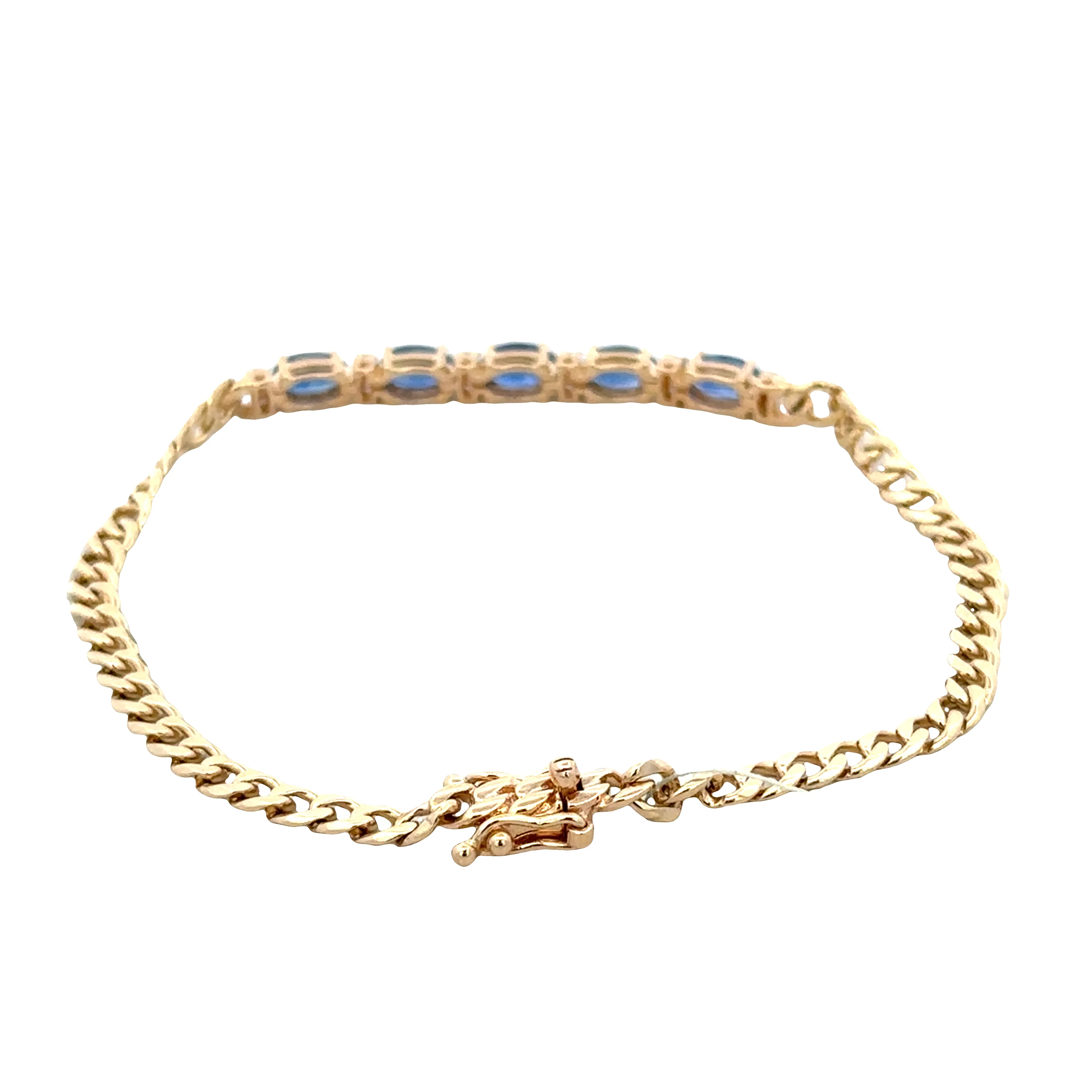 14k Yellow Gold Sapphire & Diamond Curb Chain Bracelet – 7 Inches - Image 2