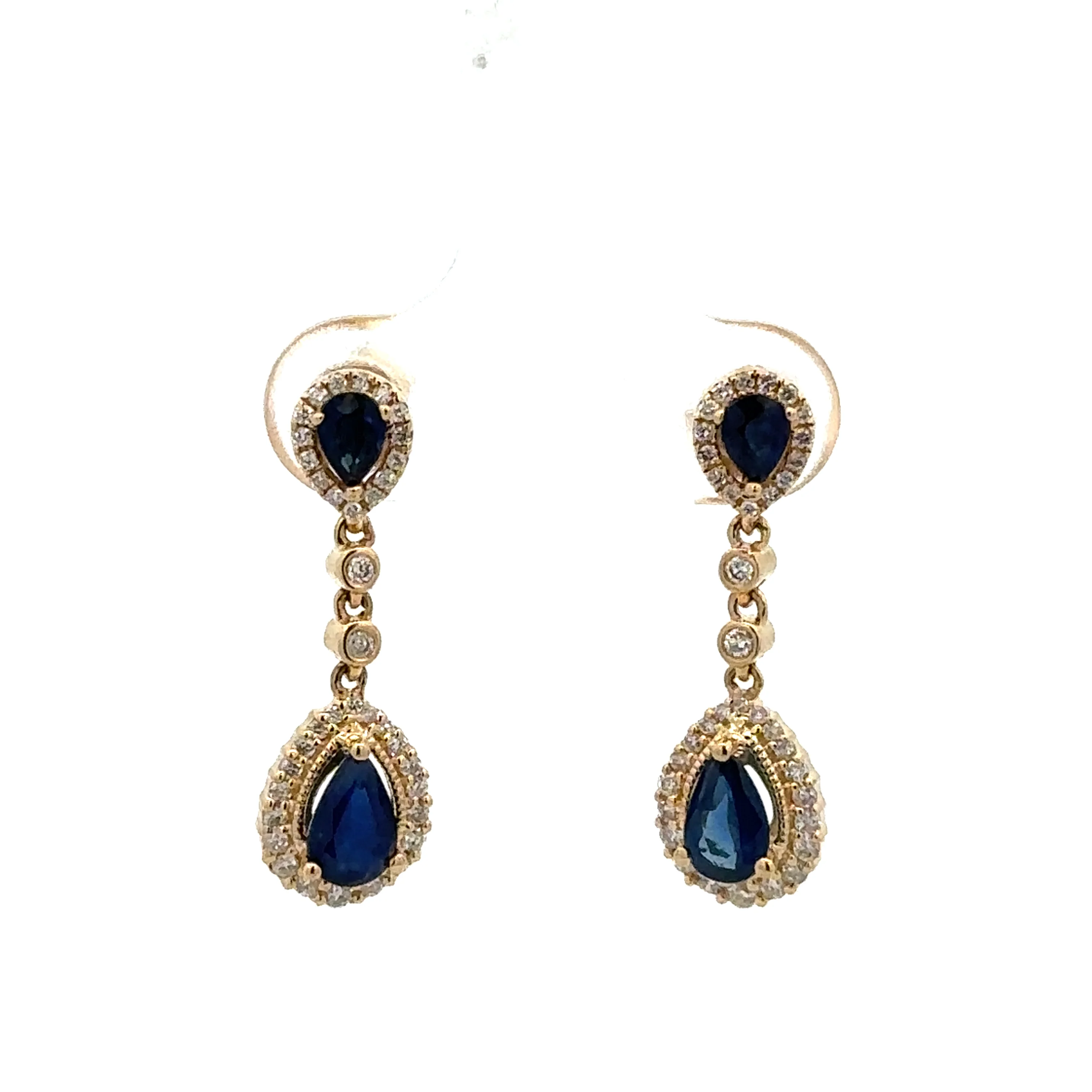 14k Yellow Gold Sapphire & Diamond Dangle Earrings – 7/8" Tall