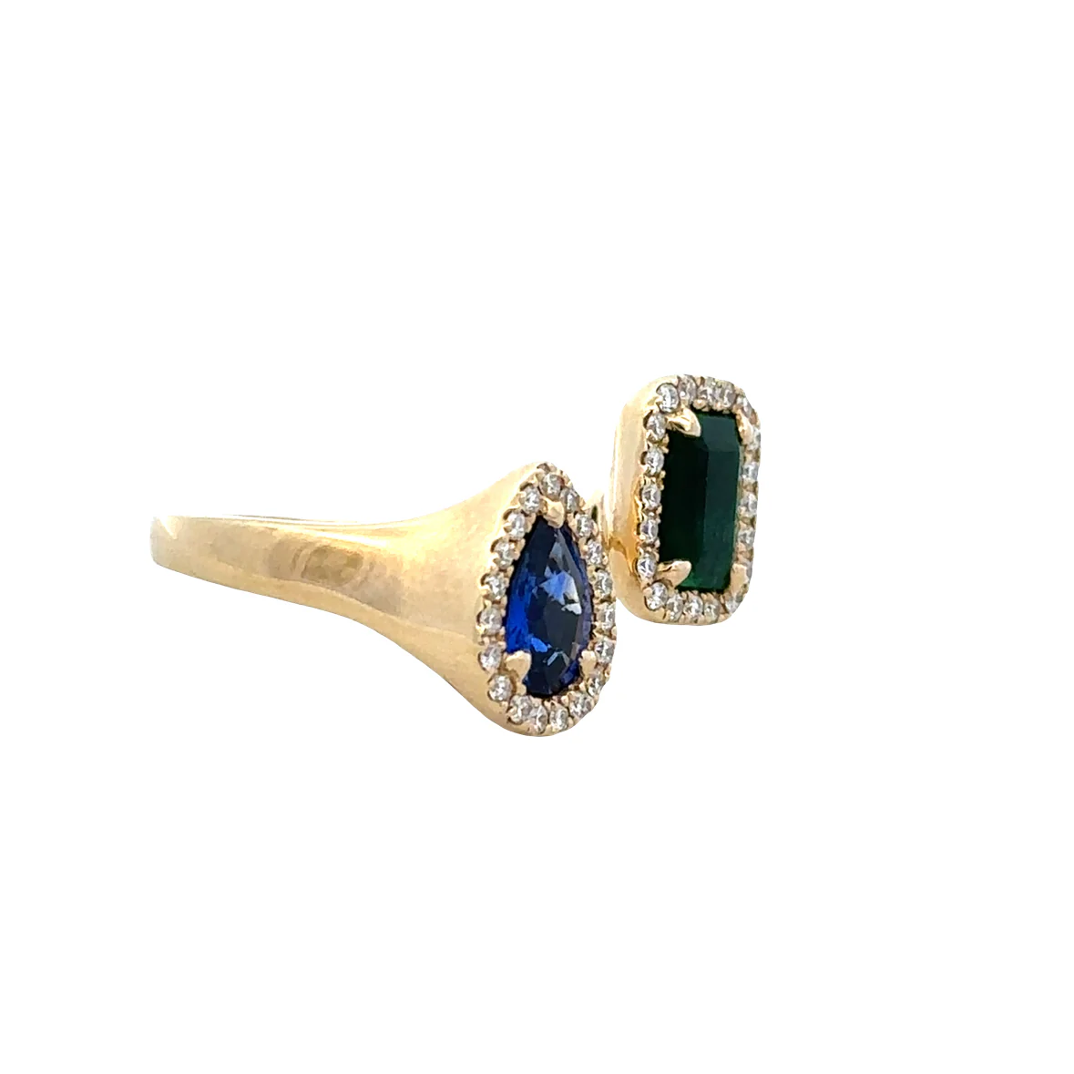 14K Yellow Gold Sapphire & Emerald Bypass Ring – 2.11 CTW Gemstones with Diamond Halos - Image 2