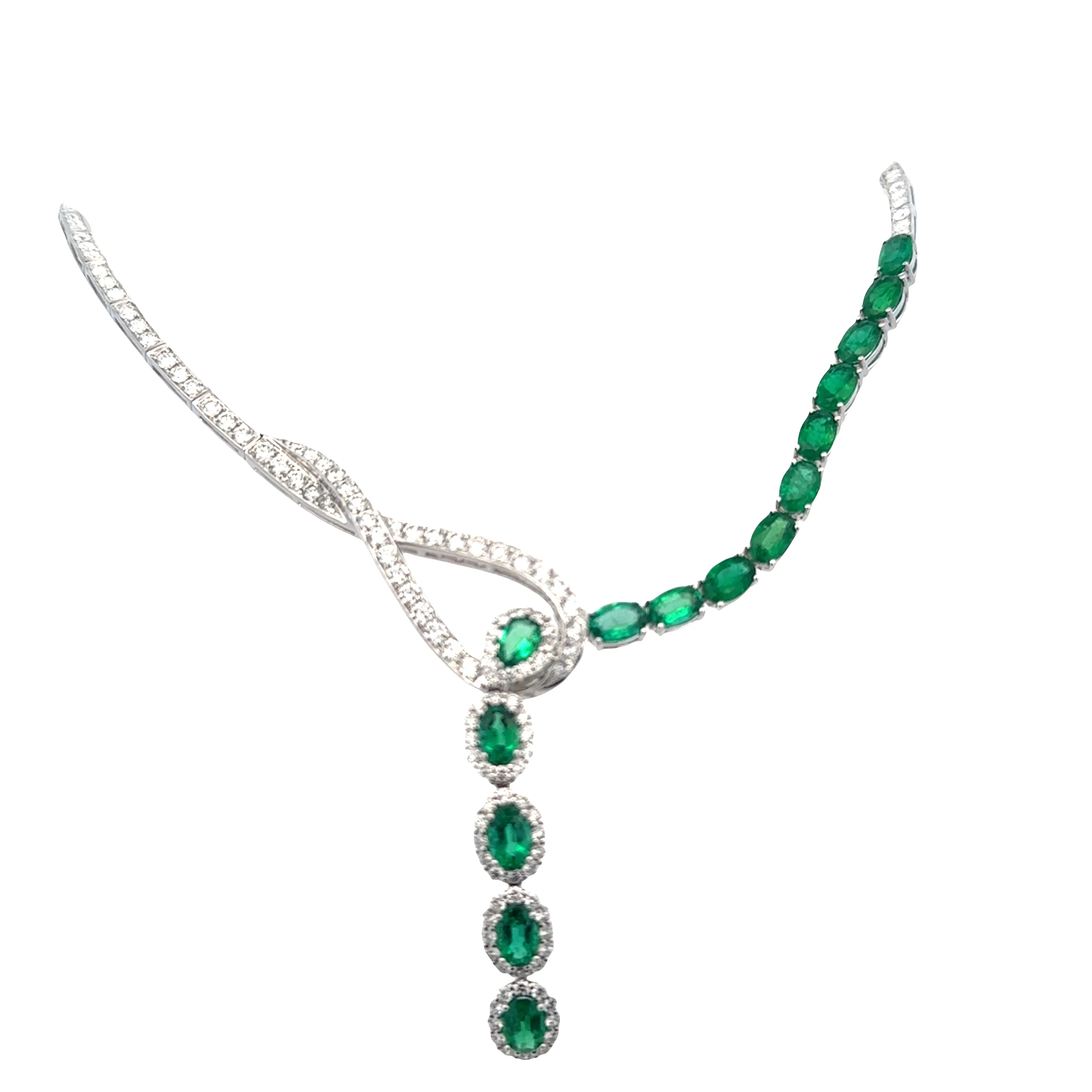 18k White Gold Emerald & Diamond Cascading Crossover Necklace