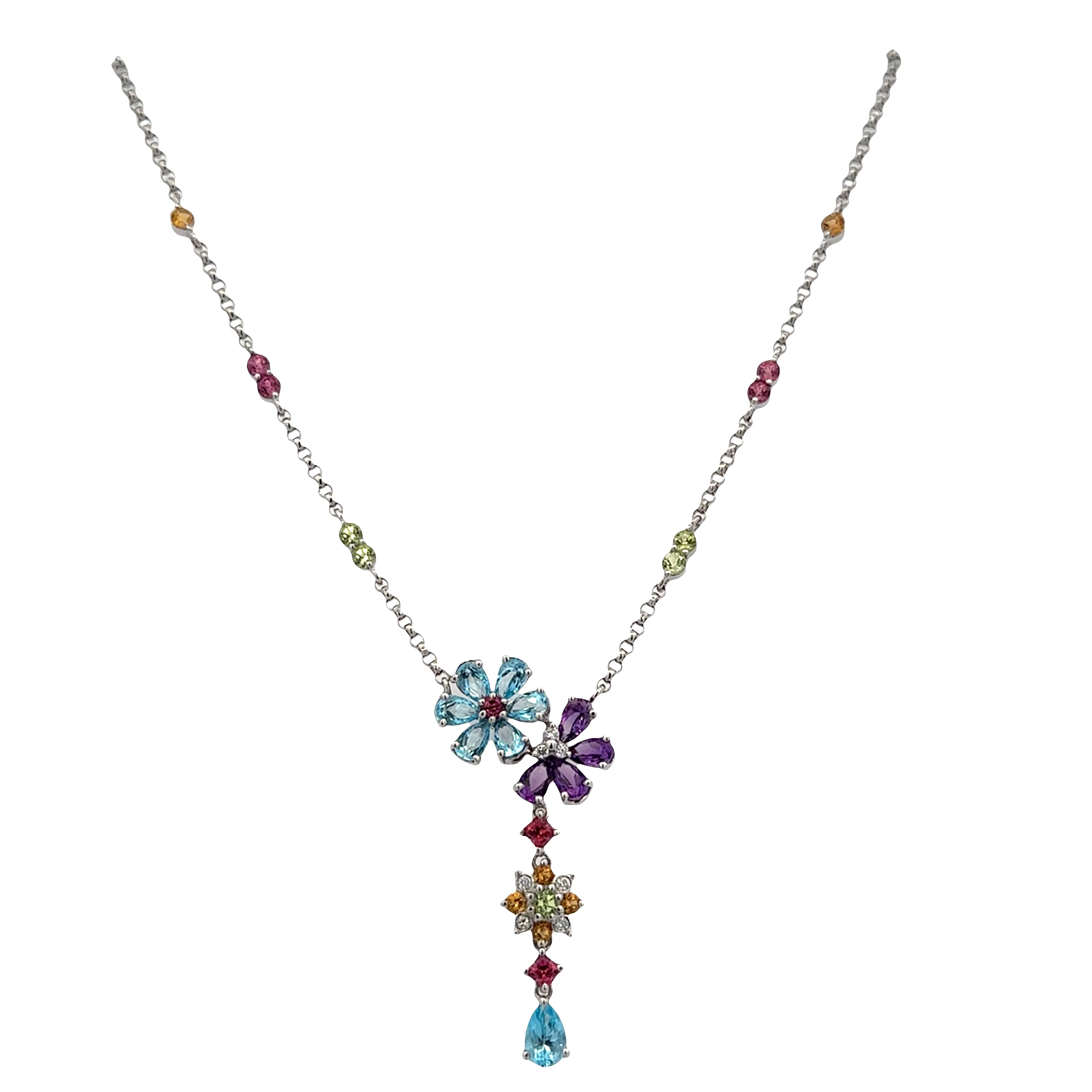 18k White Gold Multi Gemstone & Diamond Floral Drop Necklace – 15.5 Inches - Image 2