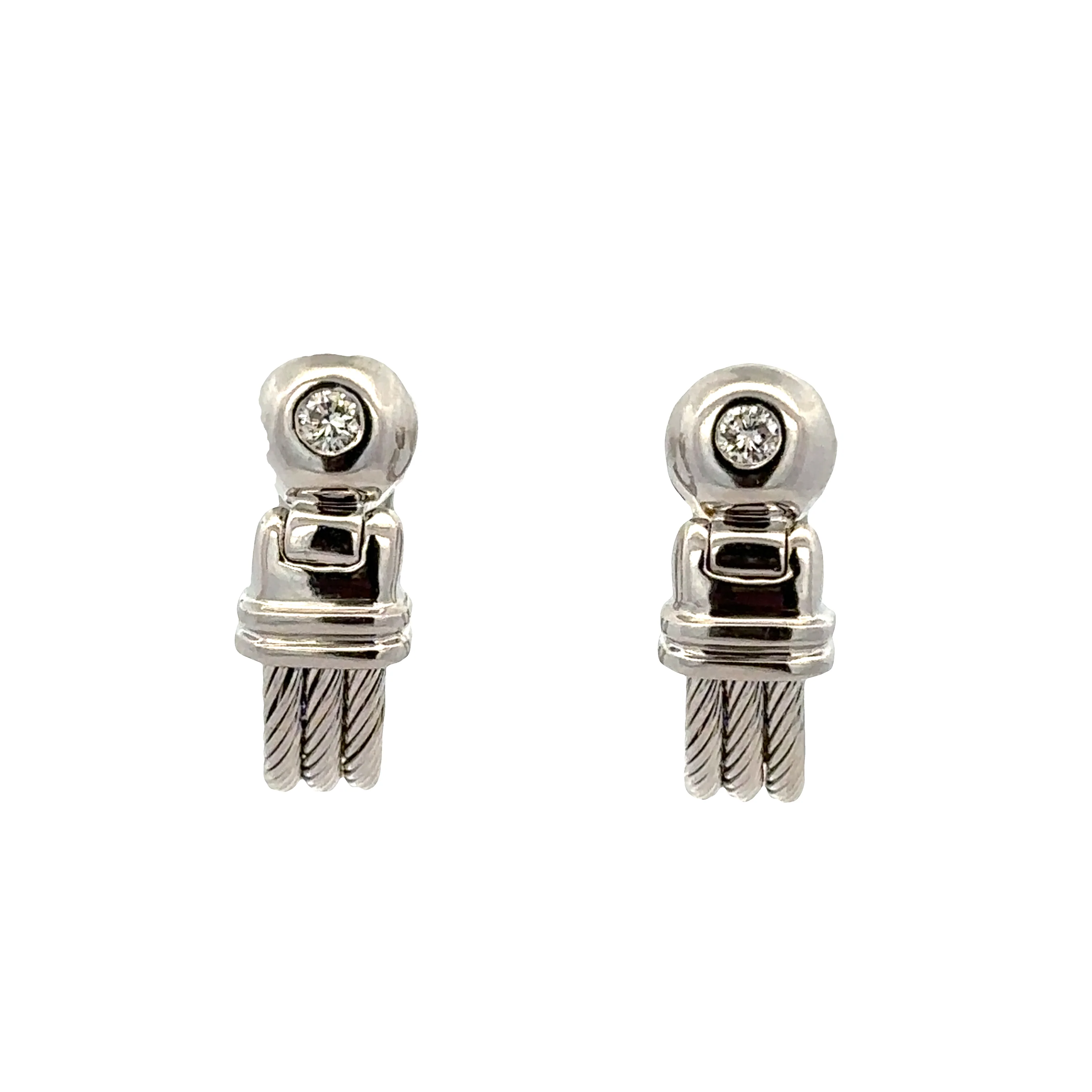18k White Gold Rope Accented Huggie Earrings with Bezel Set Diamonds