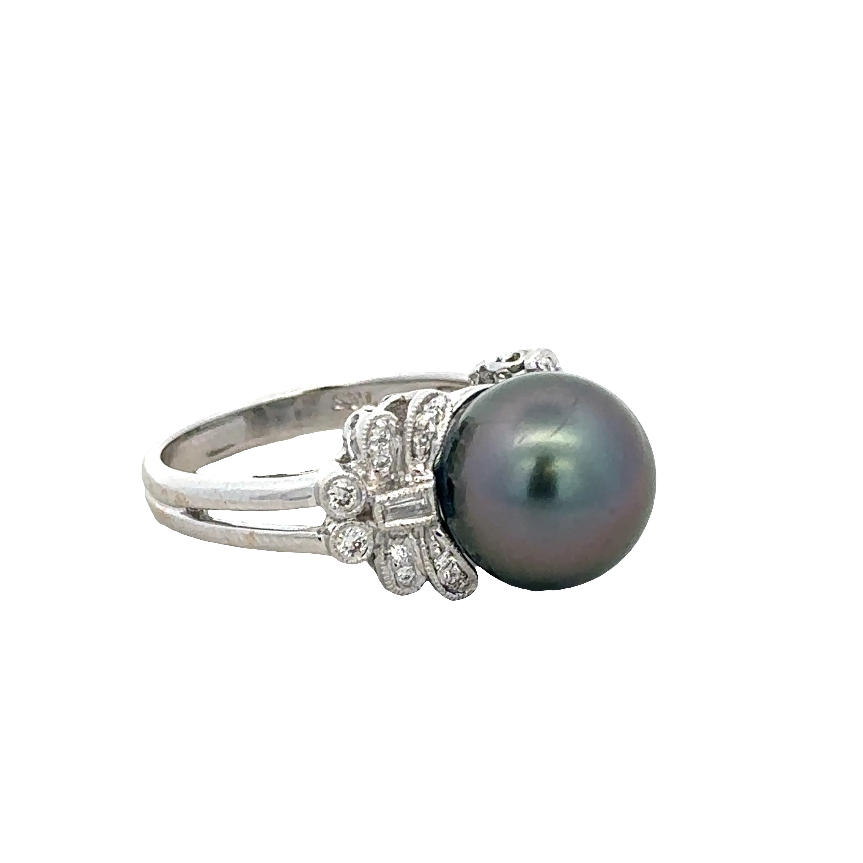 18k White Gold Tahitian Pearl & Diamond Ring – Size 6.5 - Image 2