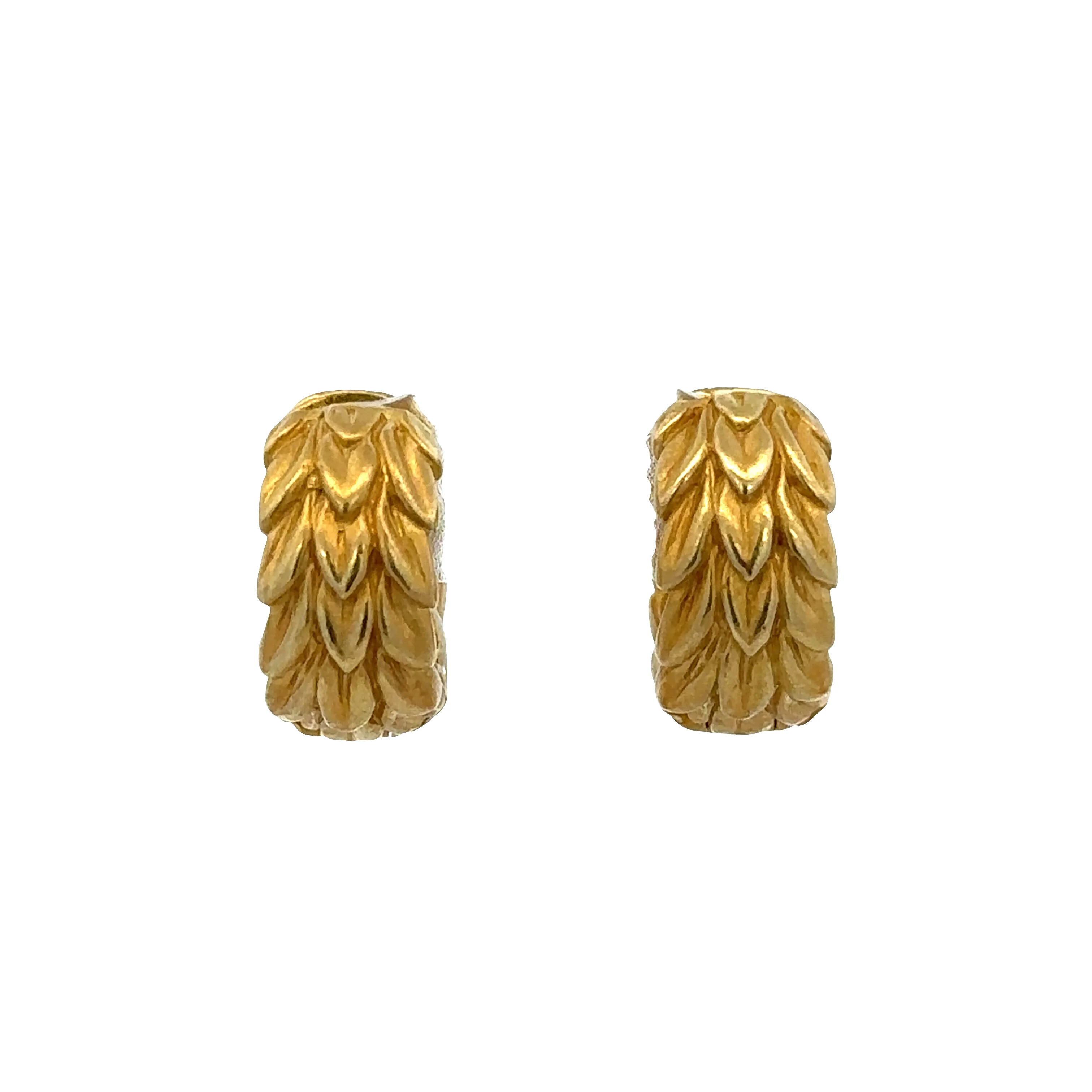 18k Yellow Gold Diamond Textured Foliate Hoop Earrings - Image 3