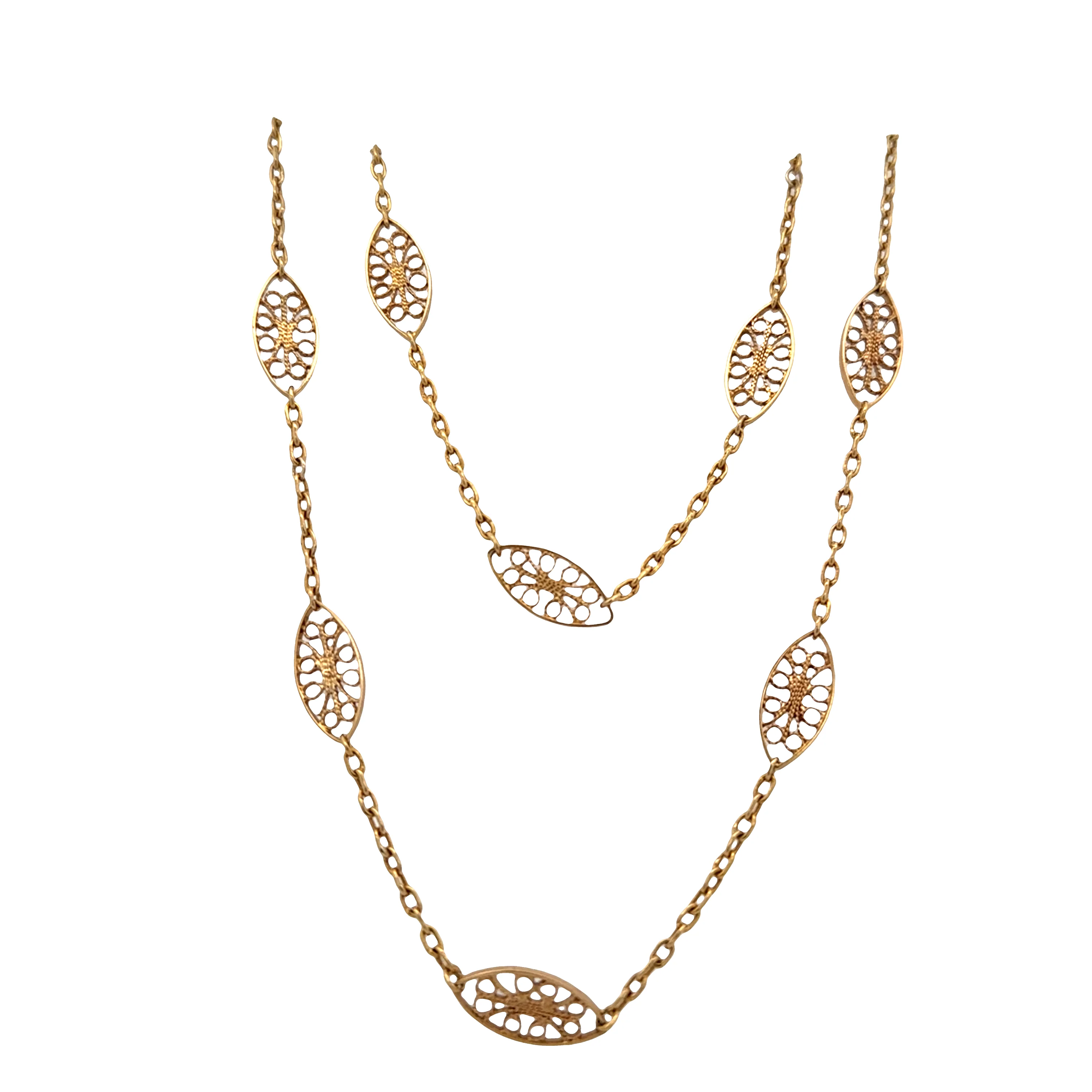 18k Yellow Gold Navette Station Necklace – 30 Inches - Image 2