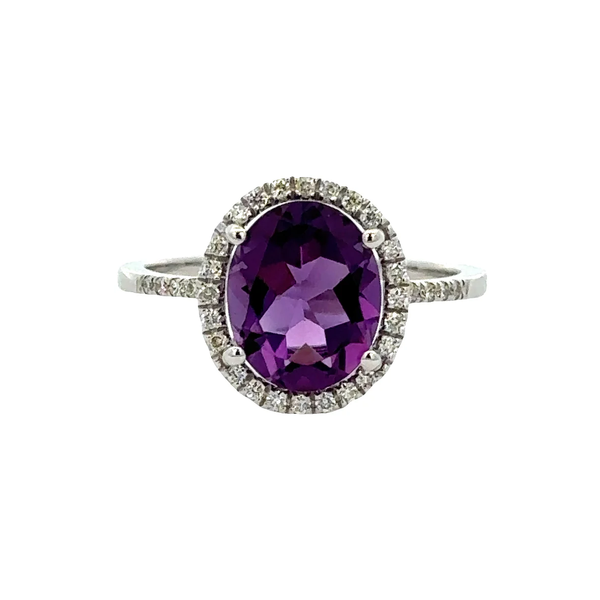 Amethyst and Diamond Halo Ring in White Gold