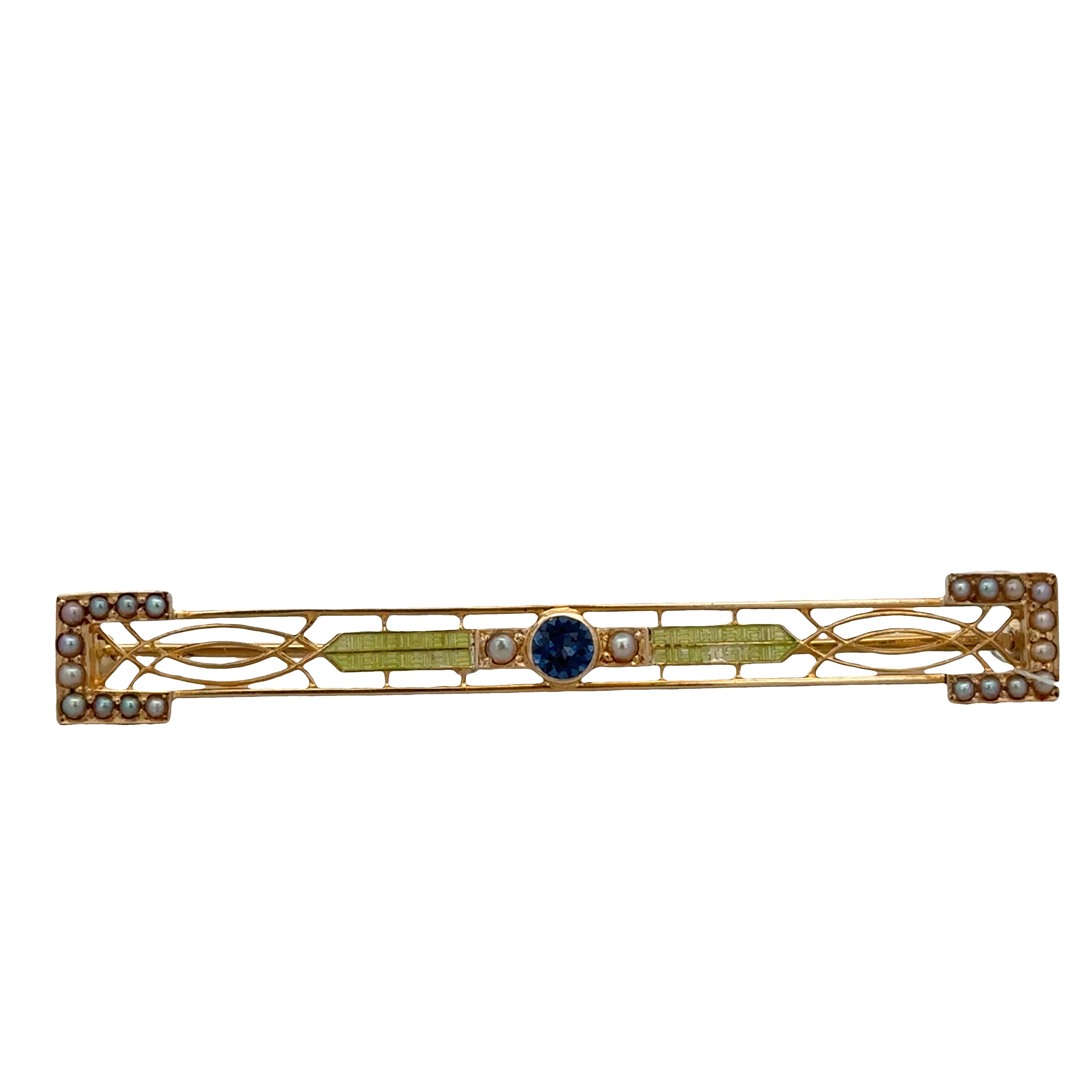 Antique Art Nouveau 14k Yellow Gold Sapphire, Seed Pearl & Enamel Bar Pin – Circa 1910s