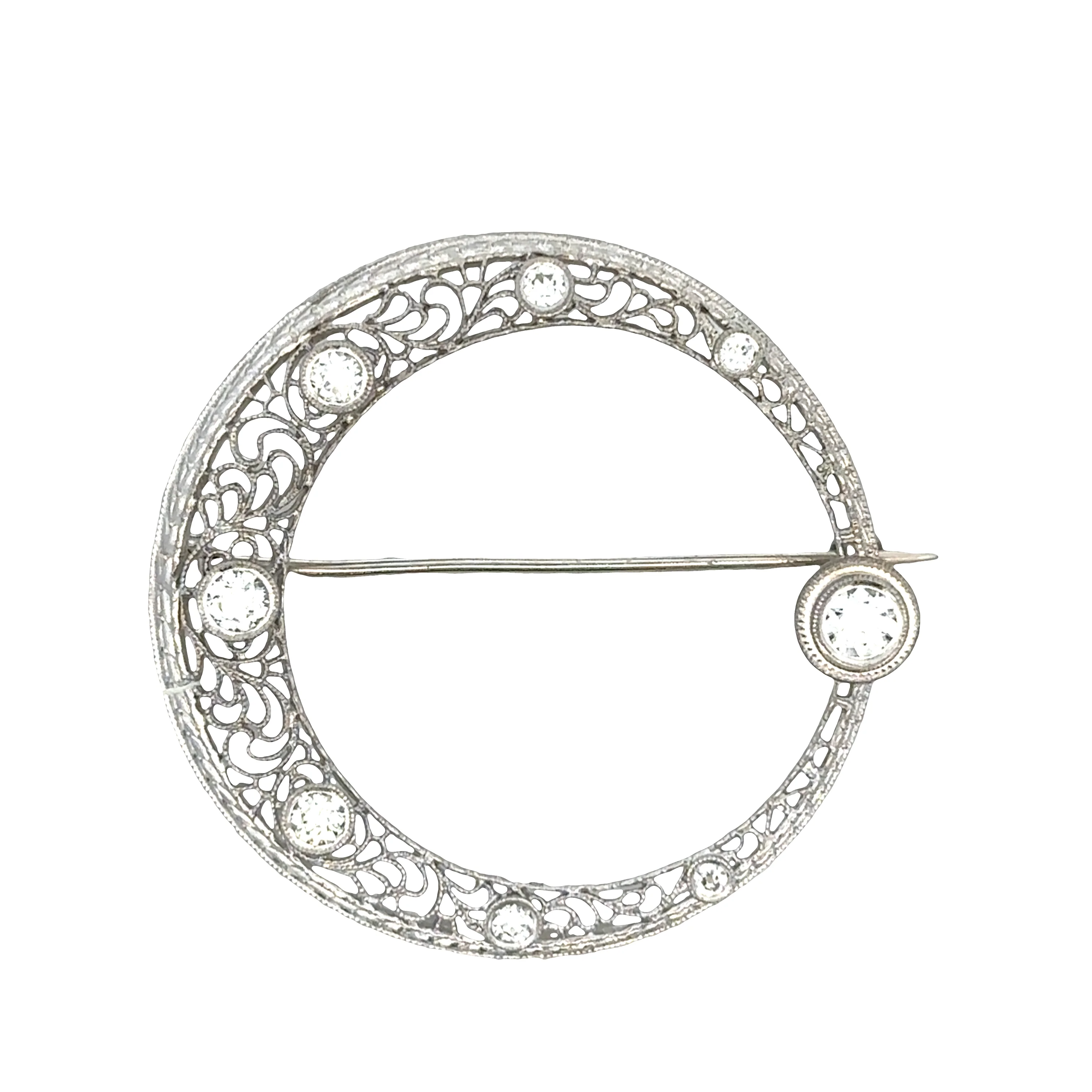 Antique Edwardian / Art Deco Platinum & 14k White Gold Diamond Crescent Brooch – Circa 1910s–1920s - Image 3