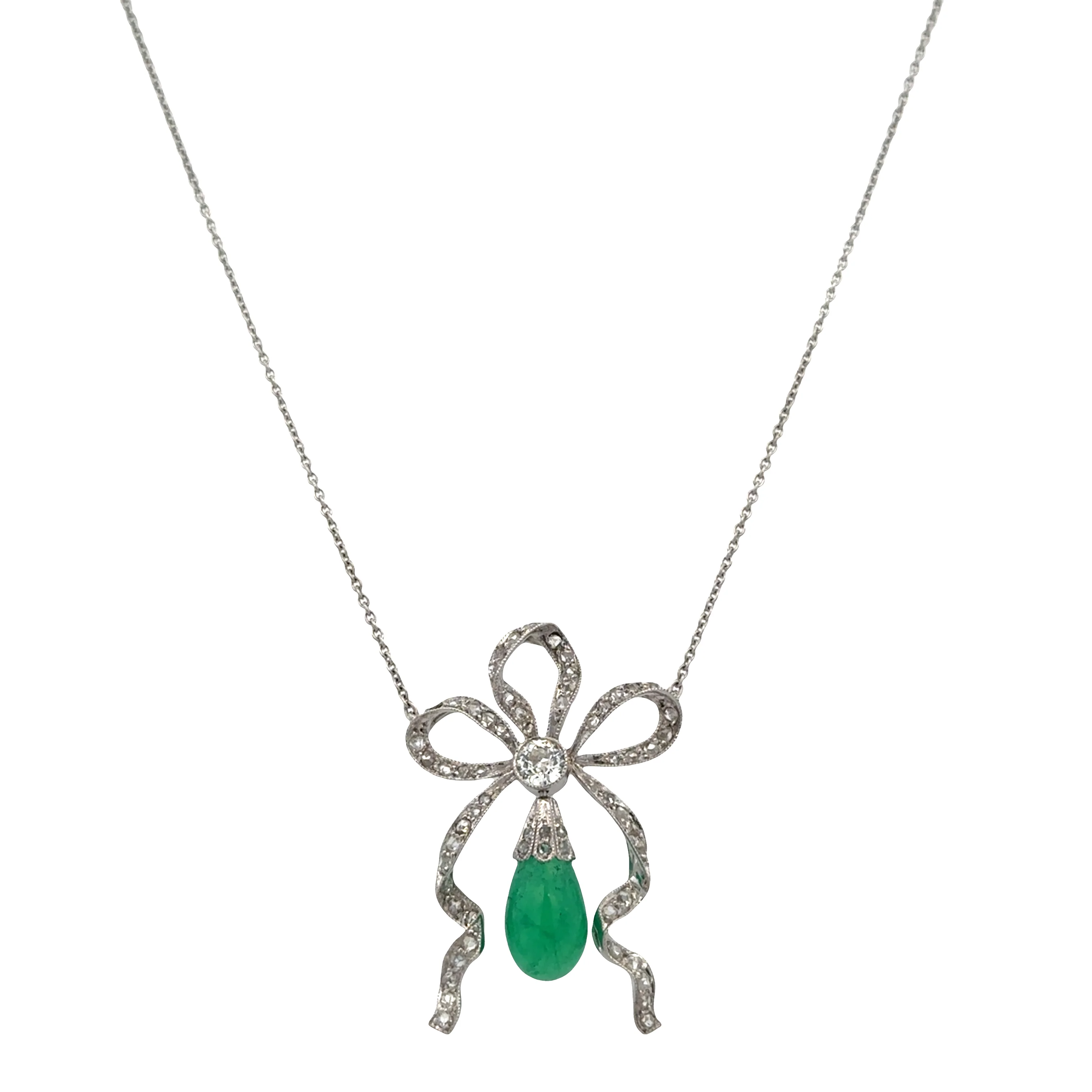 Antique Edwardian Platinum Emerald & Diamond Bow Necklace – 18.75", Circa 1910s - Image 2