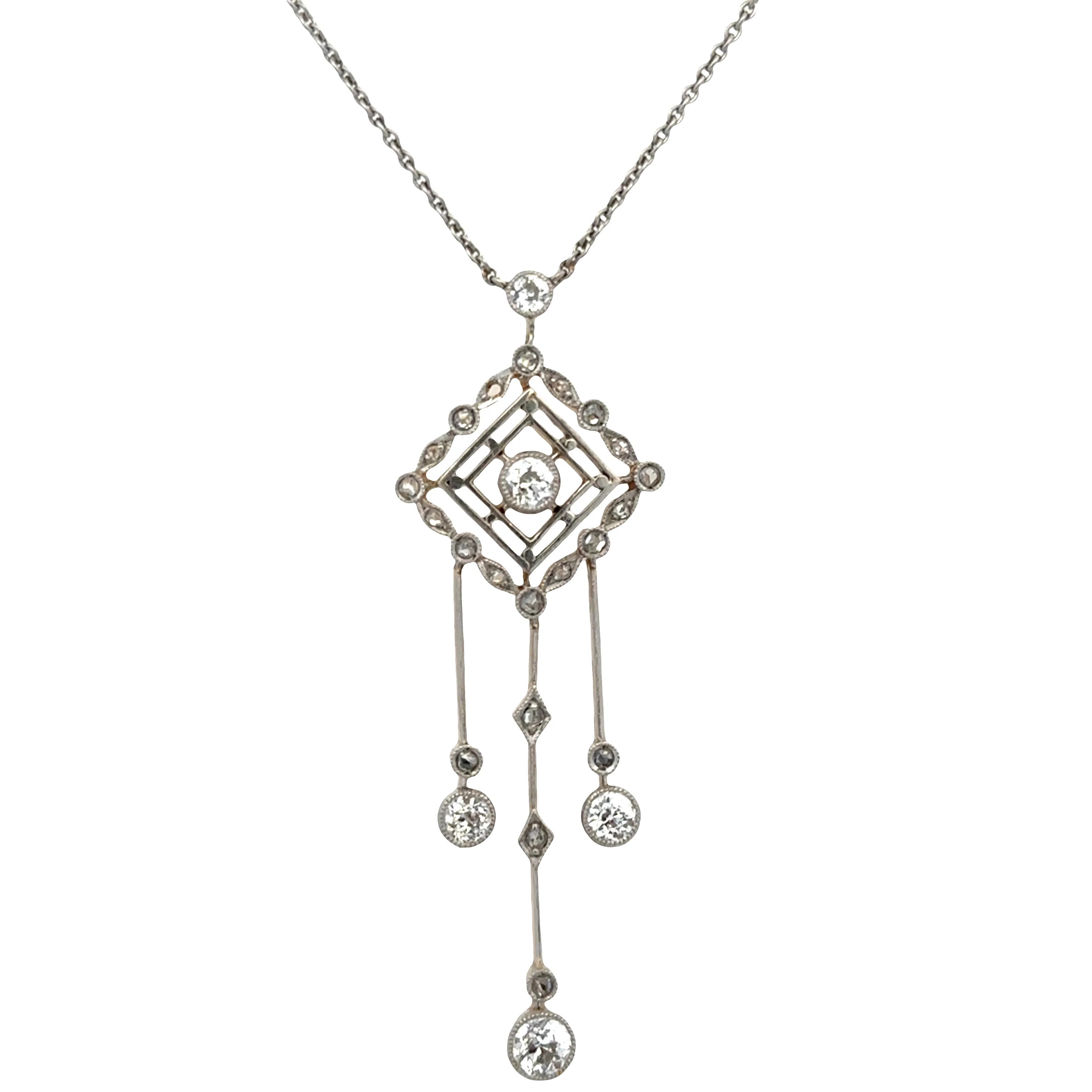 Antique Edwardian Platinum-Topped 14k Yellow Gold Diamond Lavalier Pendant Necklace – 18", Circa 1910s
