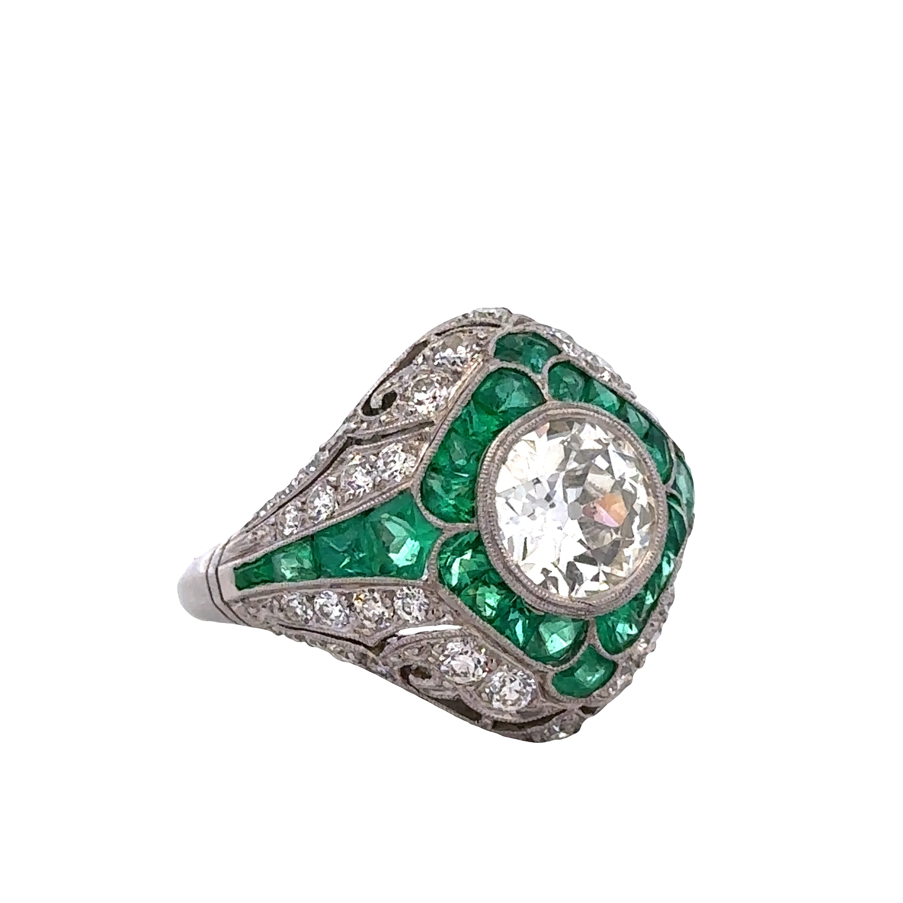 Antique Platinum Art Deco Emerald and Old European Cut Diamond Dome Ring – Size 7.5 - Image 2