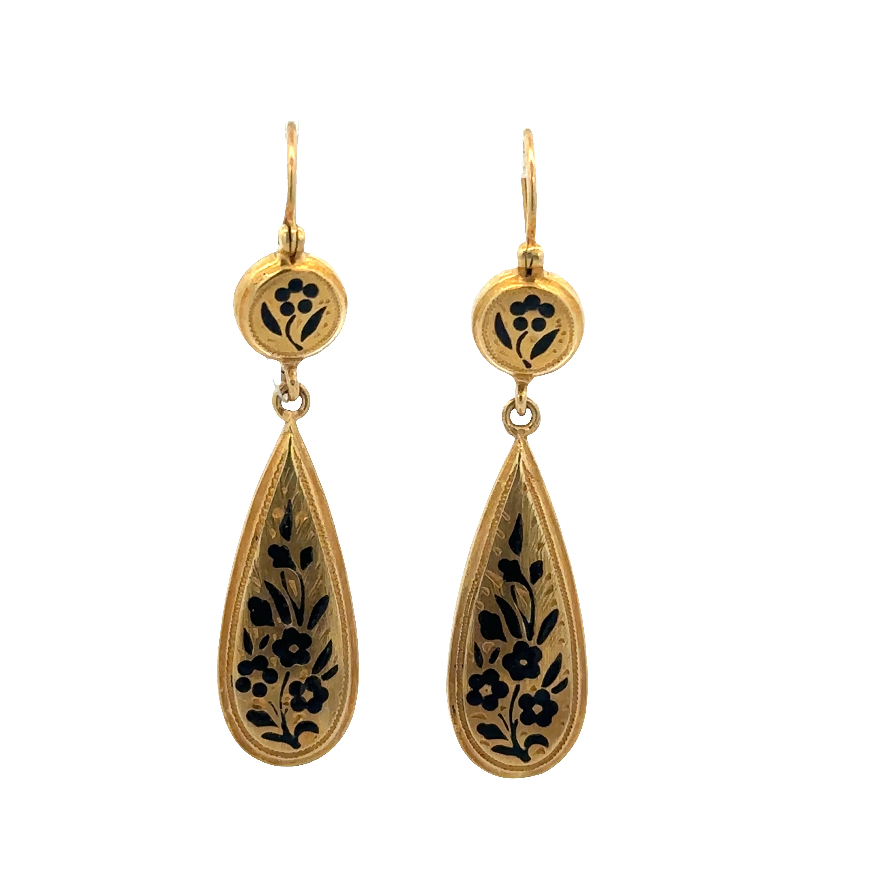 Antique Victorian 12k Yellow Gold Taille d'Épargne Enamel Teardrop Earrings – Circa 1890