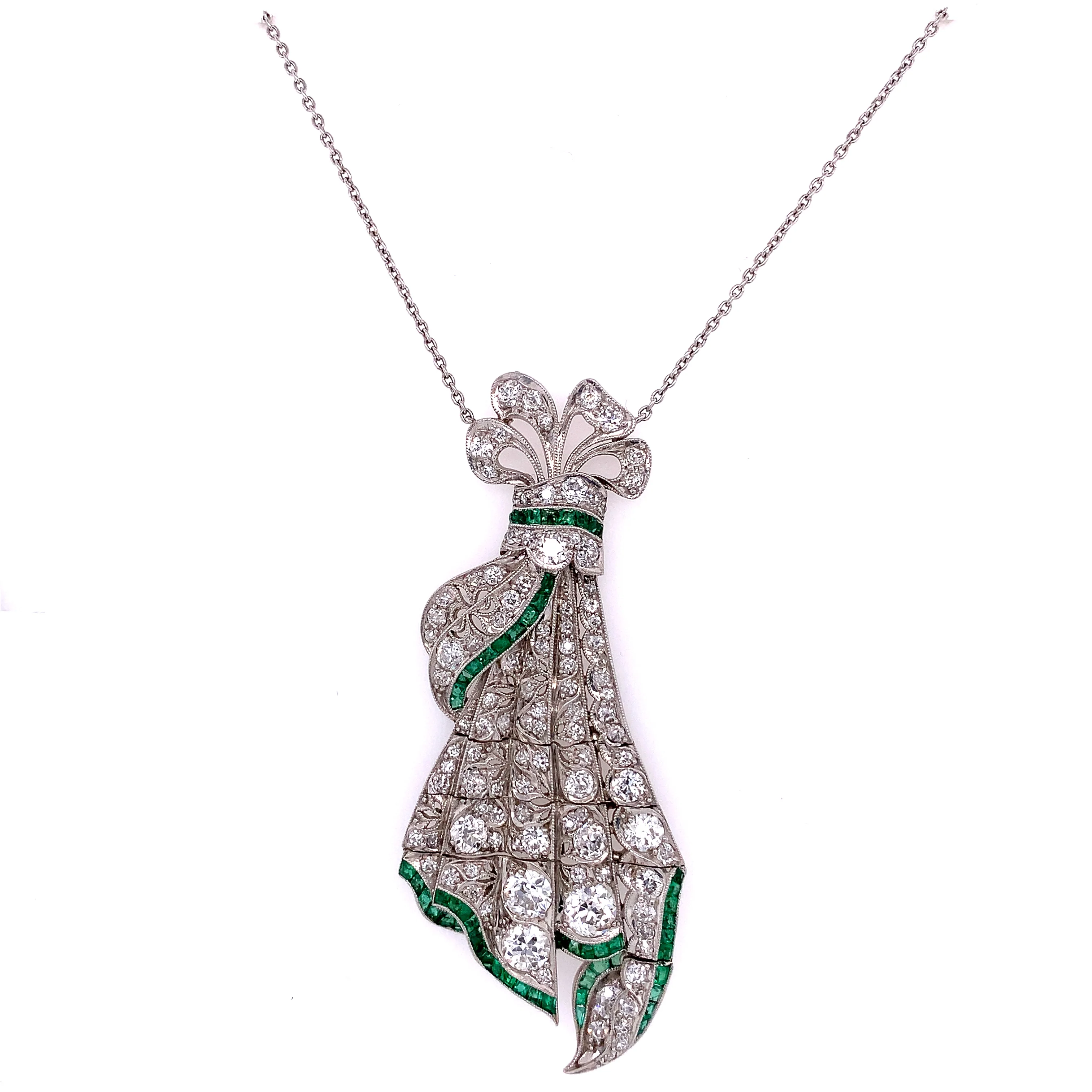 Art Deco Diamond & Emerald Pendant in Platinum