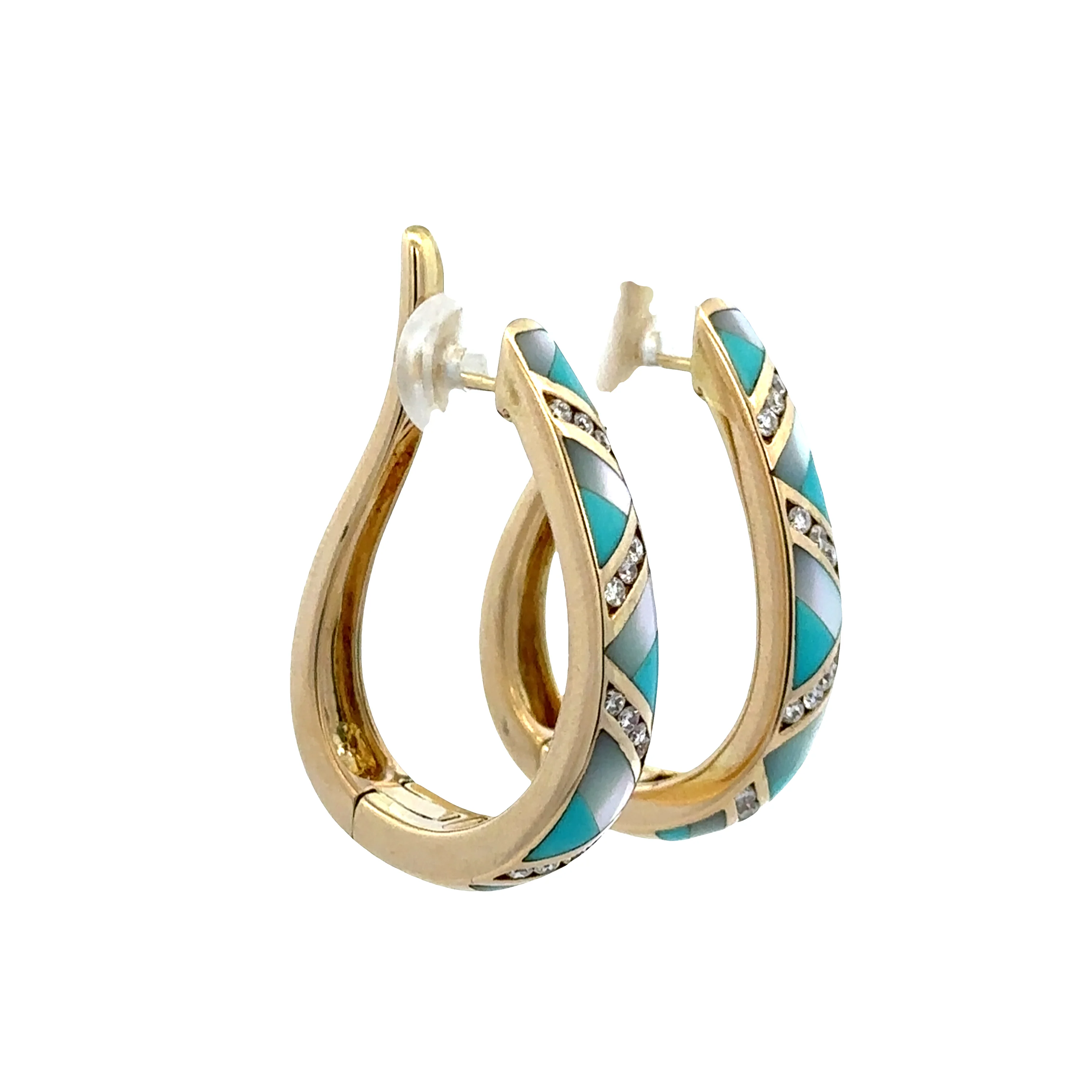 Estate Asch Grossbardt 14k Yellow Gold Turquoise, Mother-of-Pearl & Diamond Earrings - Image 2