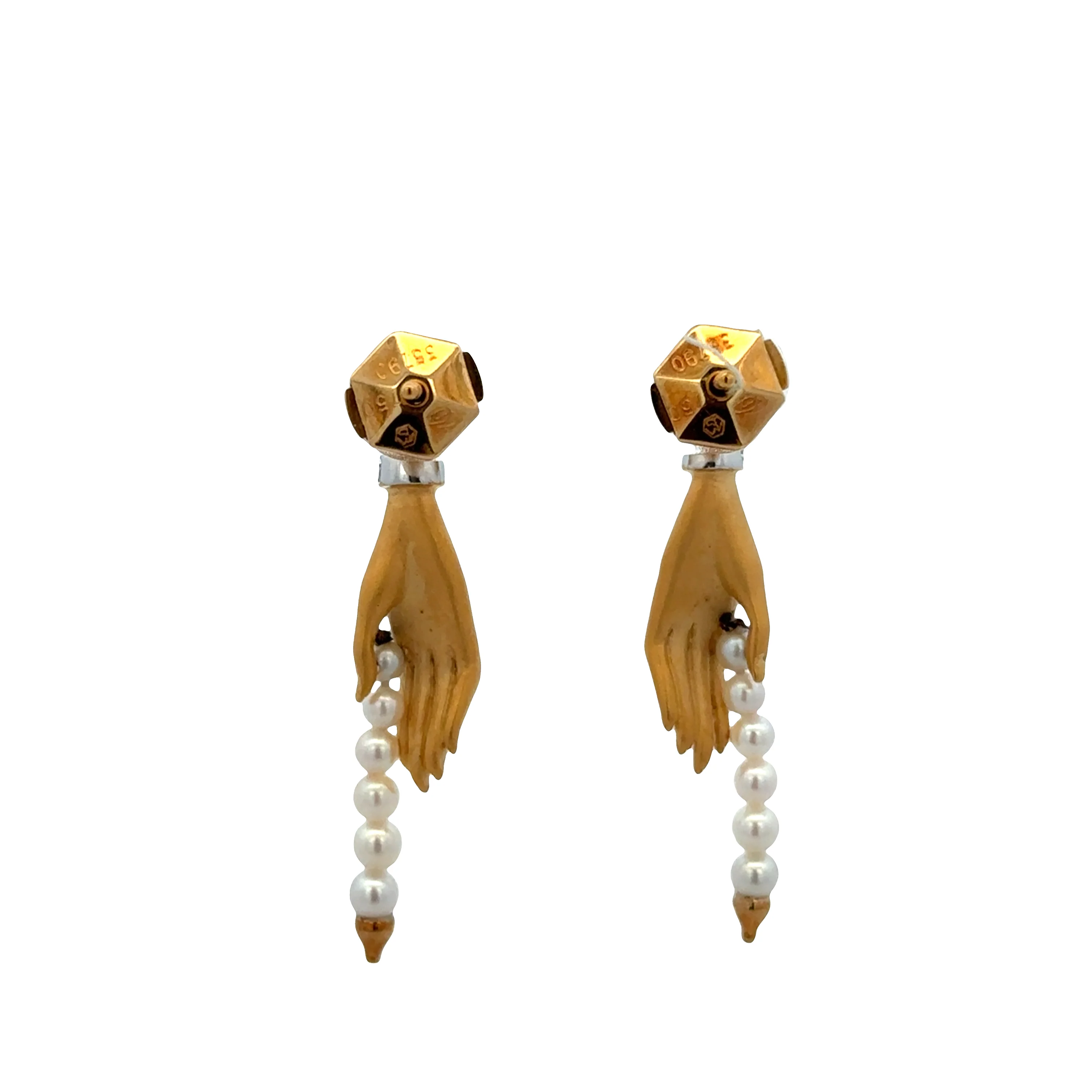 Estate Carrera y Carrera "Las Manos" 18k Yellow Gold Diamond & Seed Pearl Earrings - Image 2