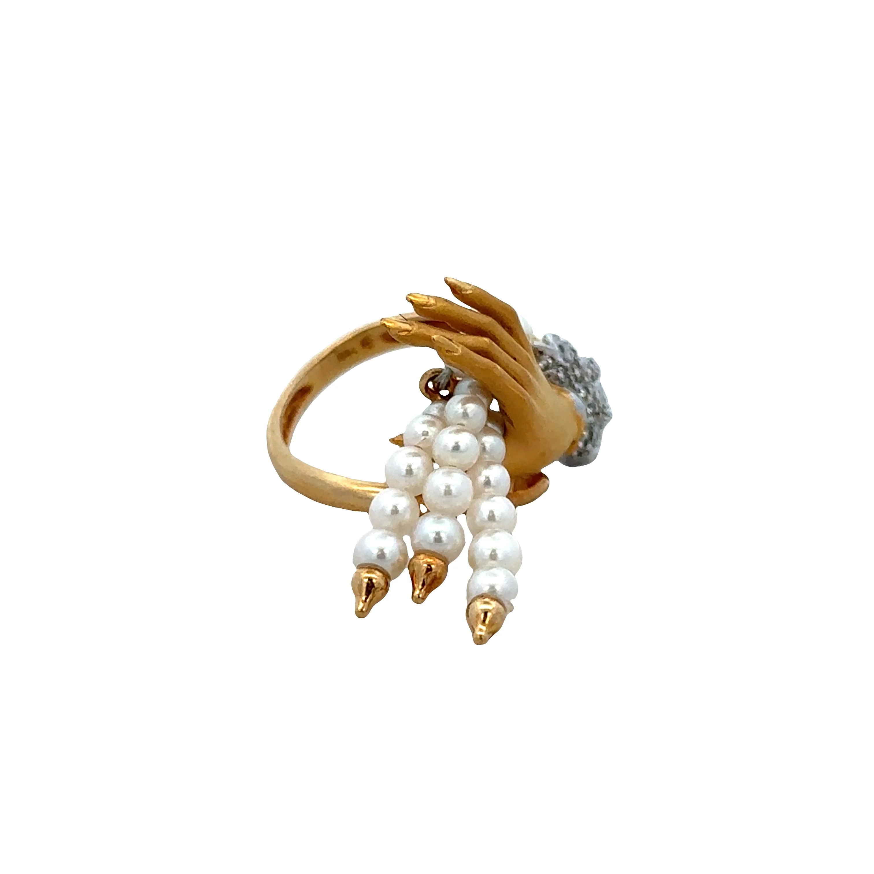 Estate Carrera y Carrera "Las Manos" 18k Yellow Gold Pearl & Diamond Ring – Size 5.75 - Image 2