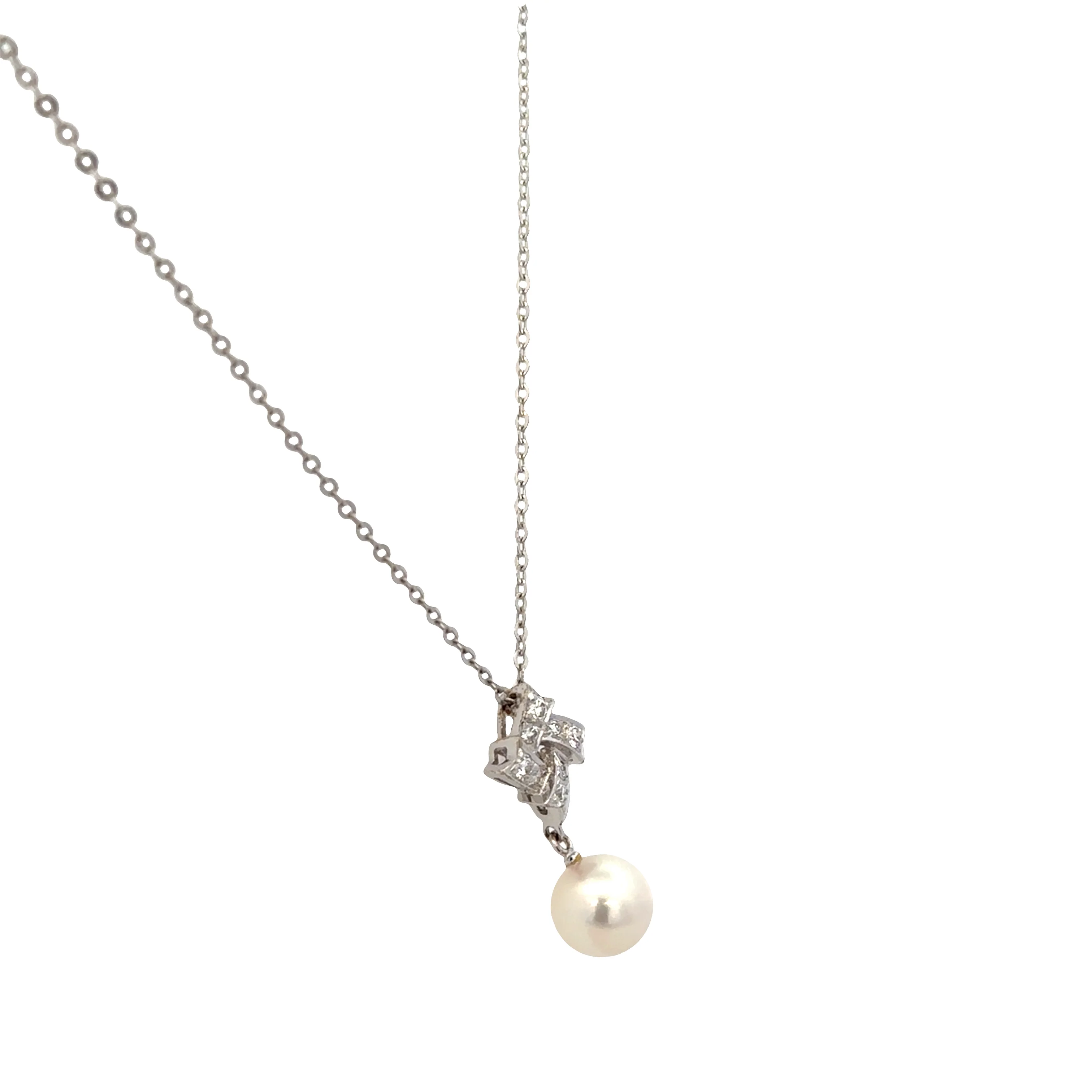 Estate Mikimoto 18k White Gold Akoya Cultured Pearl & Diamond Pendant Necklace – 18" - Image 2