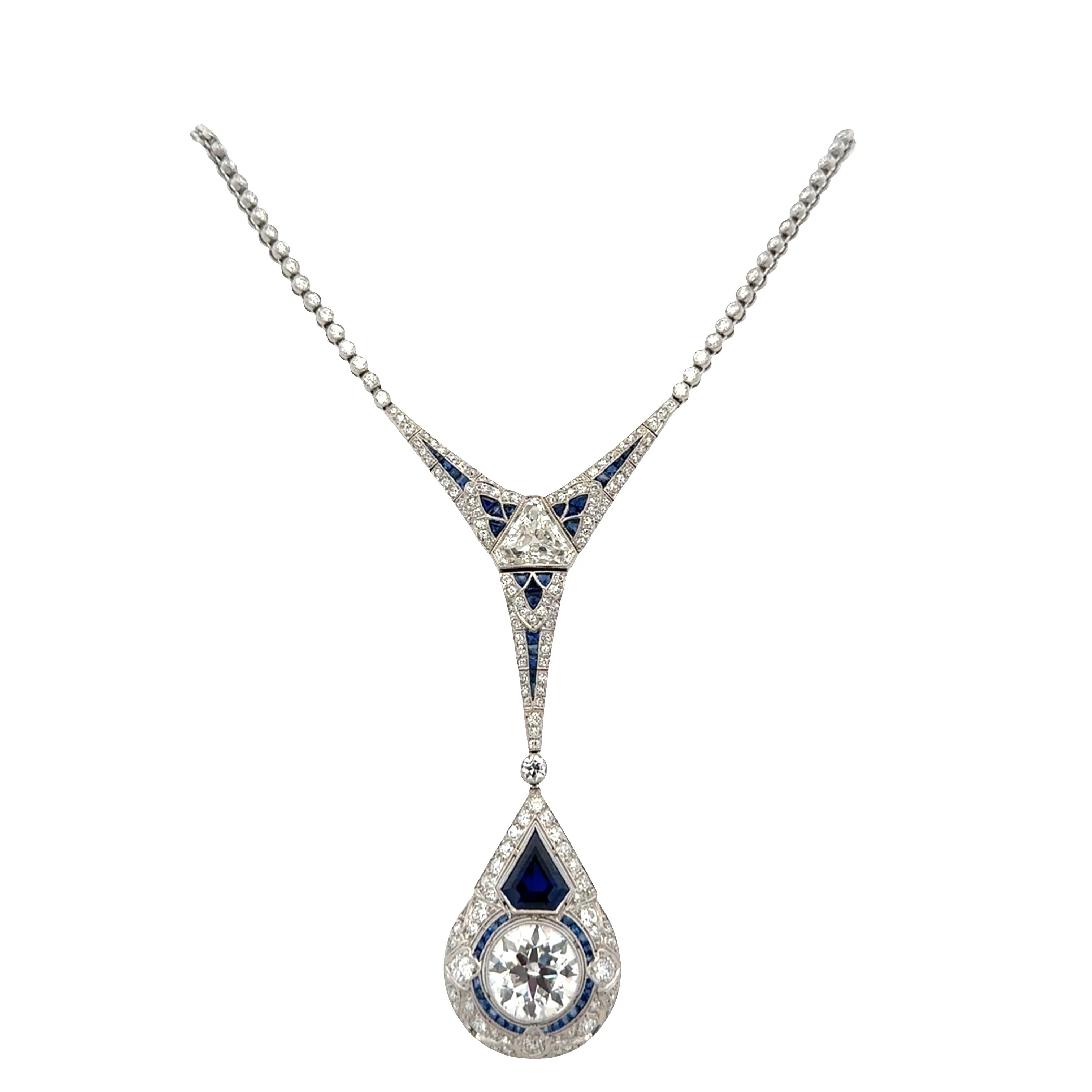 Stunning Art Deco Platinum Diamond & Sapphire Necklace – 17" - Image 3