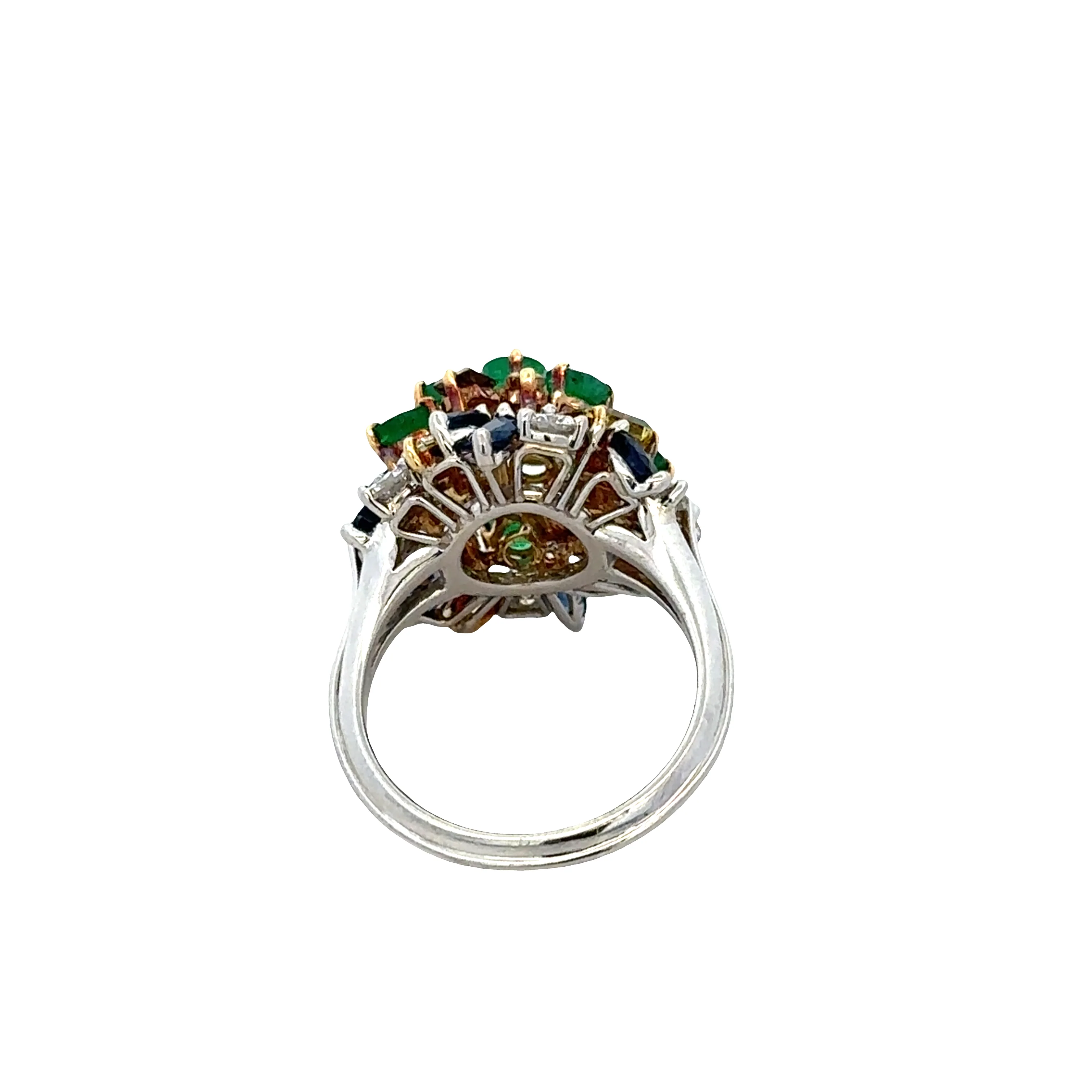 Unique Vintage Platinum & 18k Yellow Gold Domed Cluster Ring with Emeralds, Sapphires & Fancy Yellow Diamonds - Image 3