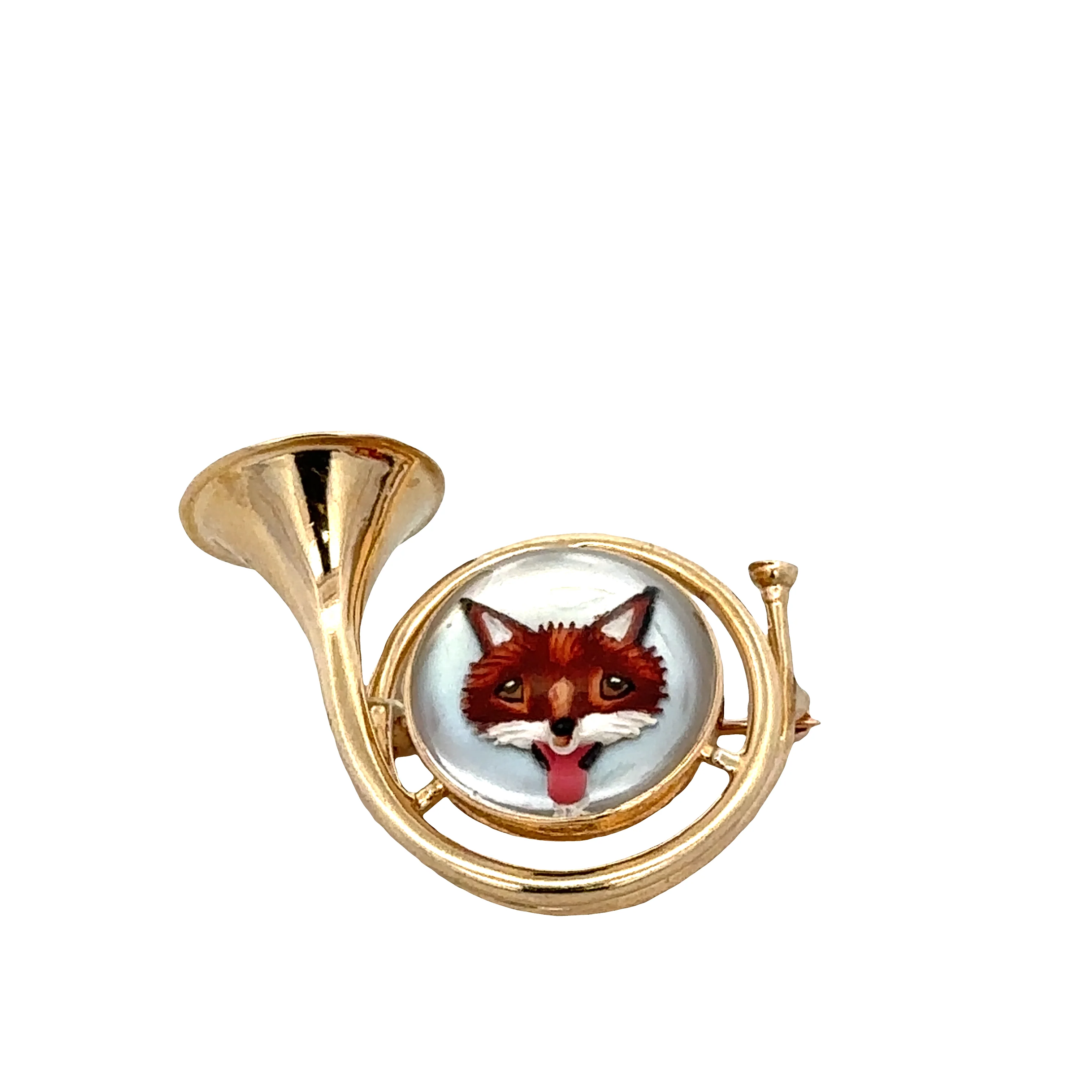 Vintage 14k Yellow Gold Essex Crystal Reverse Painted Intaglio French Horn Brooch