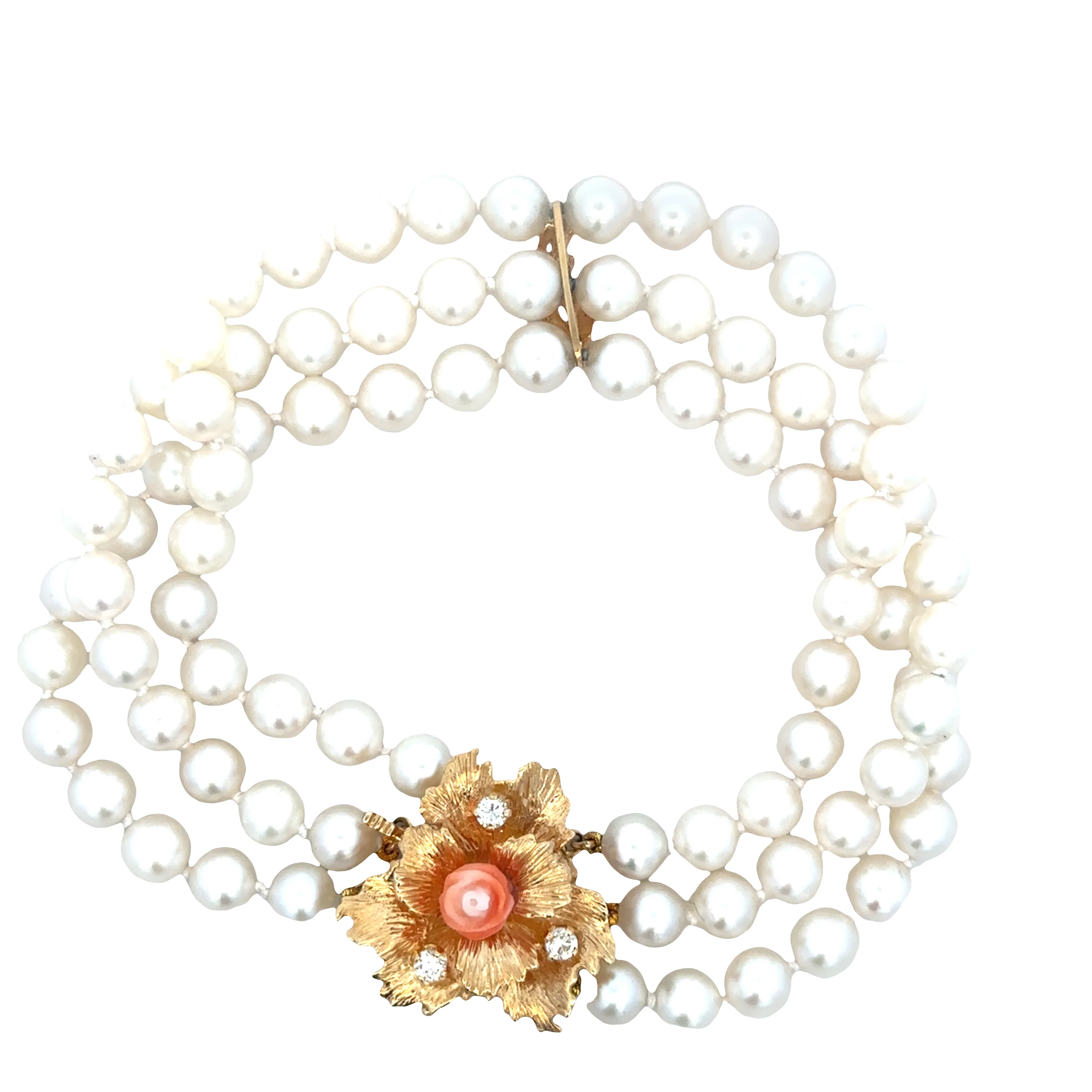 Vintage 14k Yellow Gold Triple-Strand Akoya Cultured Pearl Bracelet – 7.75", Circa 1960s - Image 2