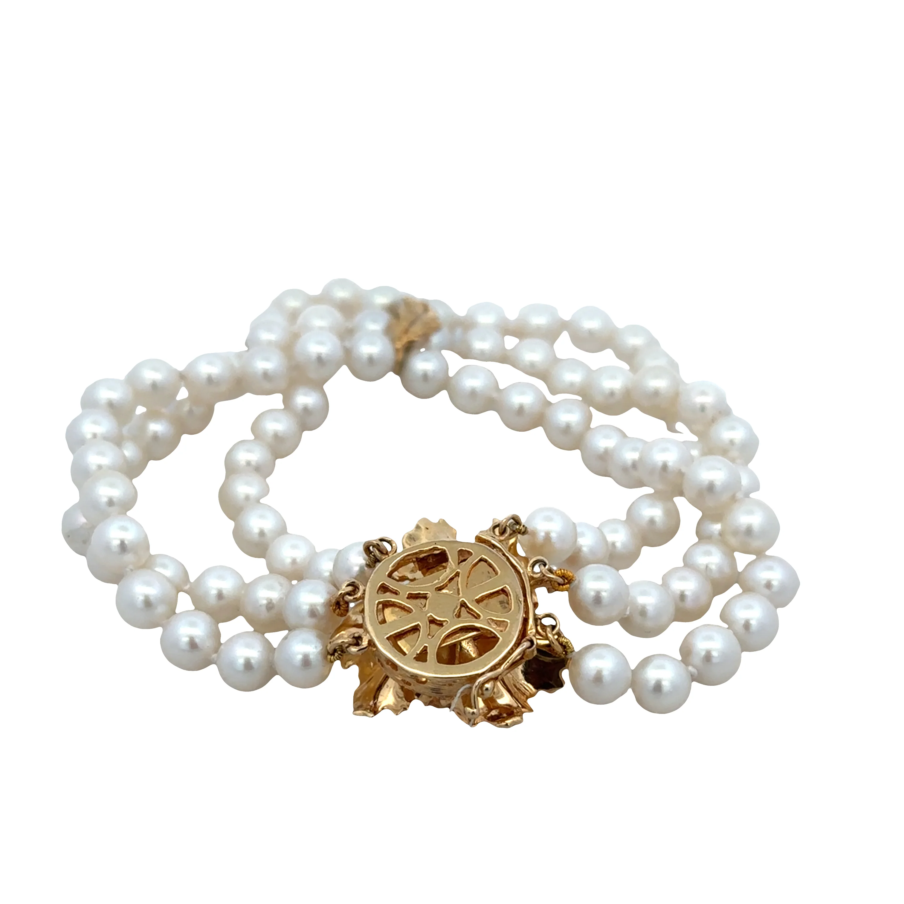 Vintage 14k Yellow Gold Triple-Strand Akoya Cultured Pearl Bracelet – 7.75", Circa 1960s - Image 3