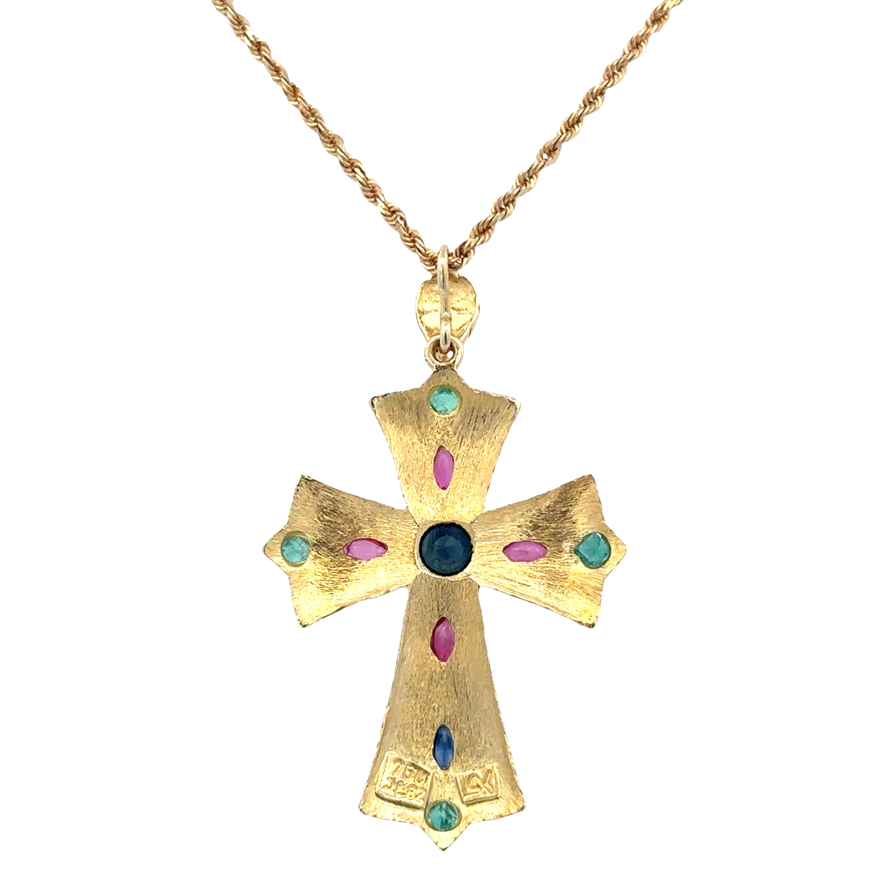 Vintage 18k Yellow Gold Etruscan Revival Gemstone Cross Pendant Necklace – 20" - Image 2