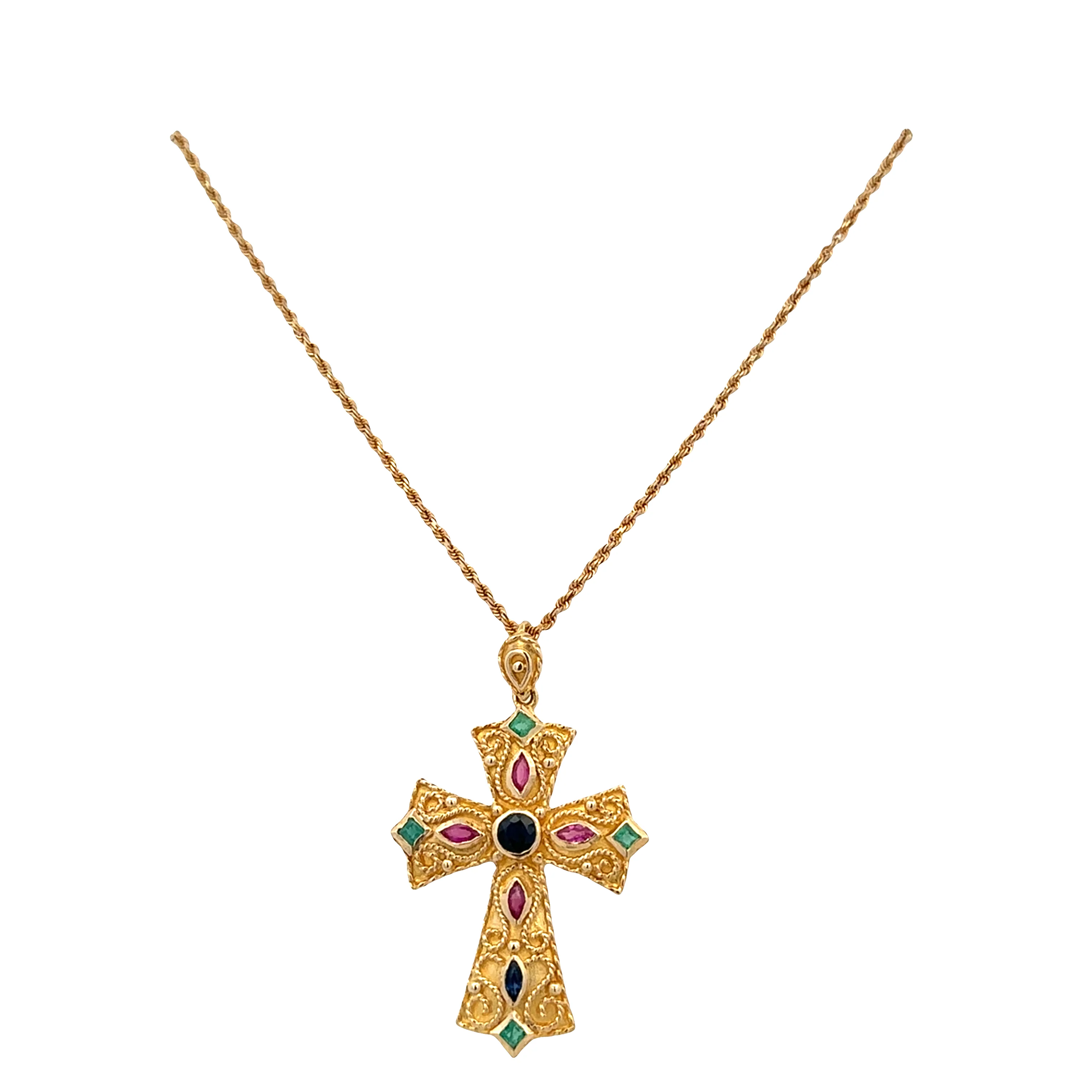 Vintage 18k Yellow Gold Etruscan Revival Gemstone Cross Pendant Necklace – 20" - Image 3