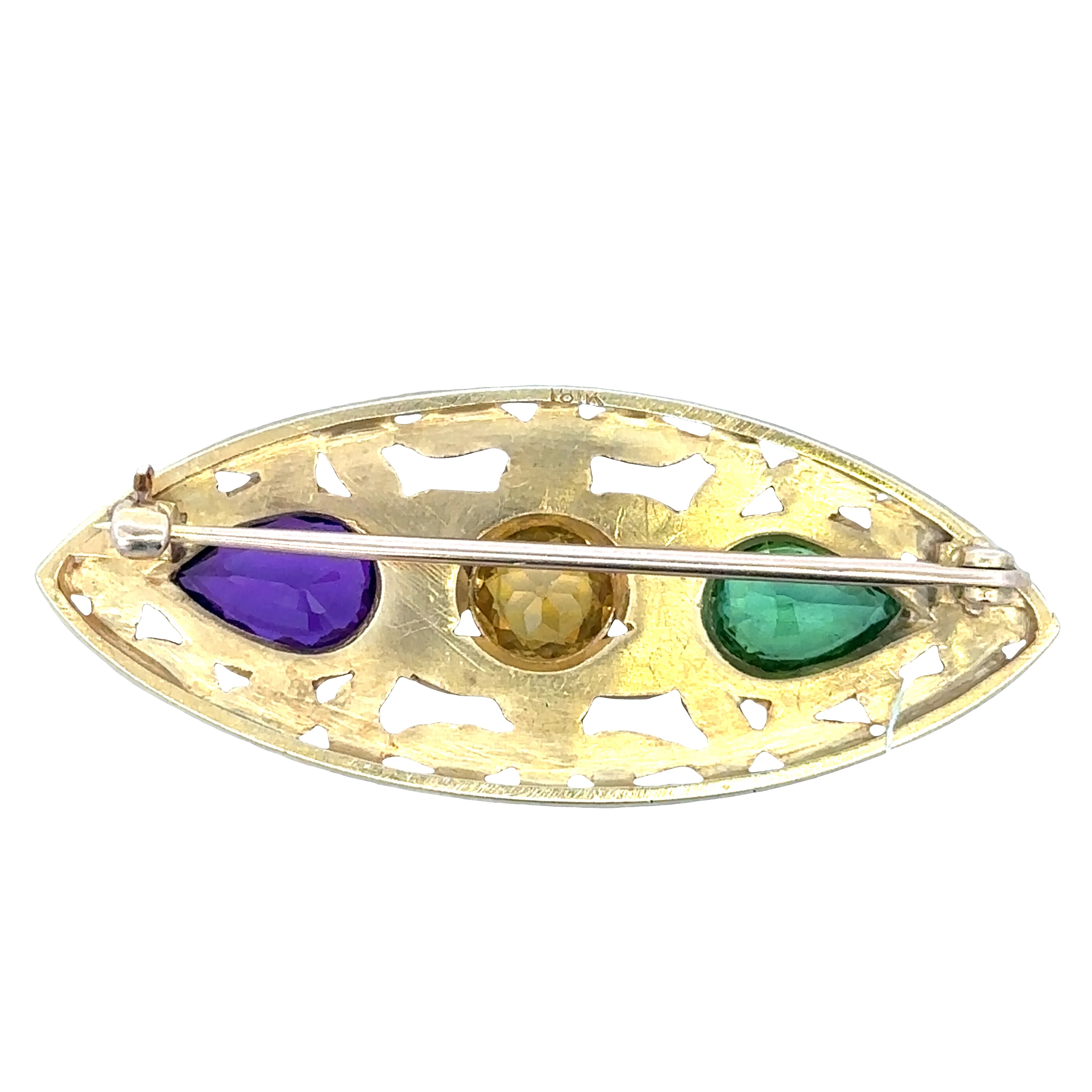 Vintage 18k Yellow Gold Navette Brooch with Amethyst, Green Tourmaline & Zircon - Image 2